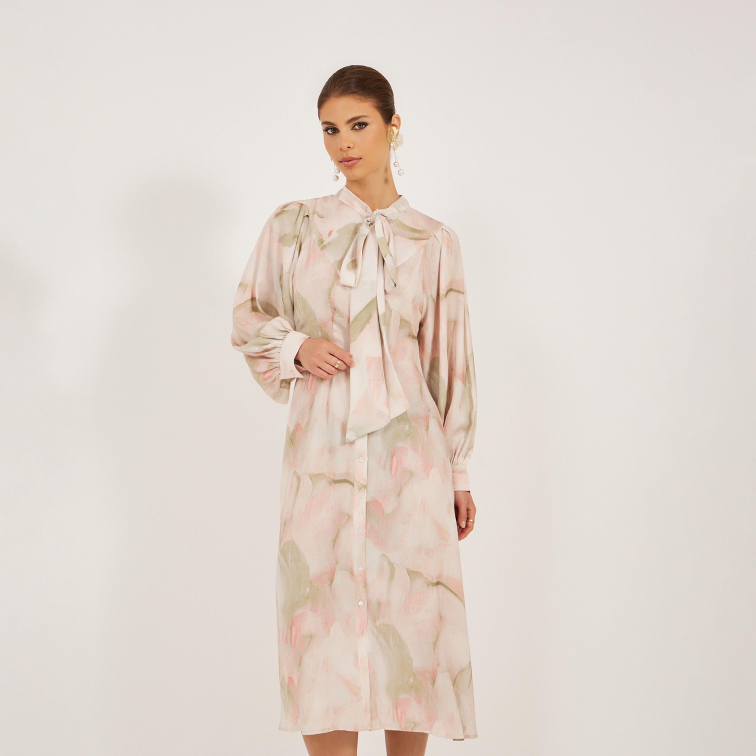 ستايلي - فستان قميص ميدي بأكمام منفوخة ورقبة مربوطة مطبوع-women-clothing-dresses-image-3
