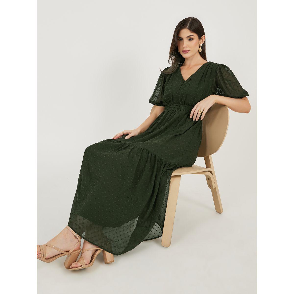 Dobby Textured Puff Sleeves A-Line Midi Dress-women-clothing-dresses-image-1