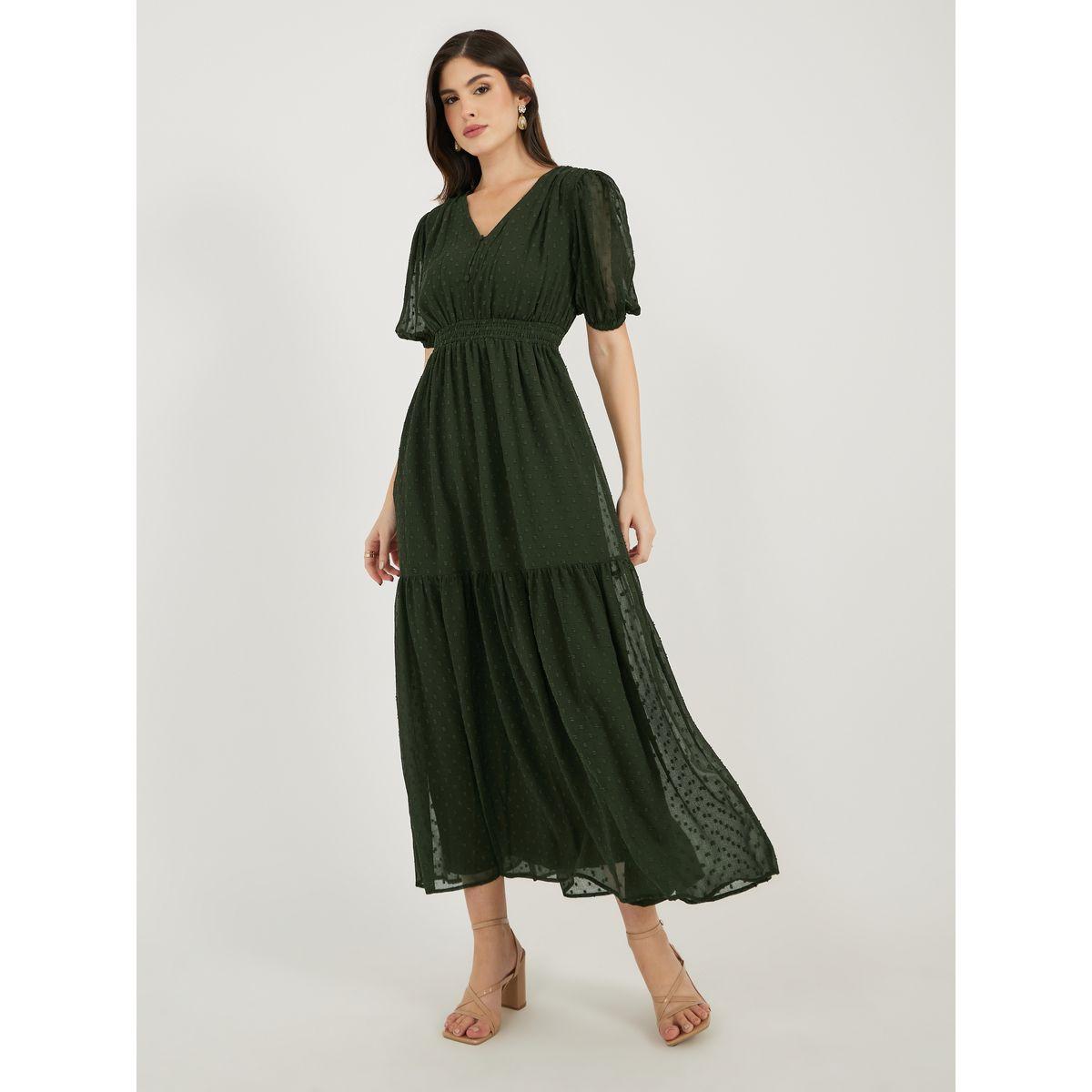 Dobby Textured Puff Sleeves A-Line Midi Dress-women-clothing-dresses-image-2
