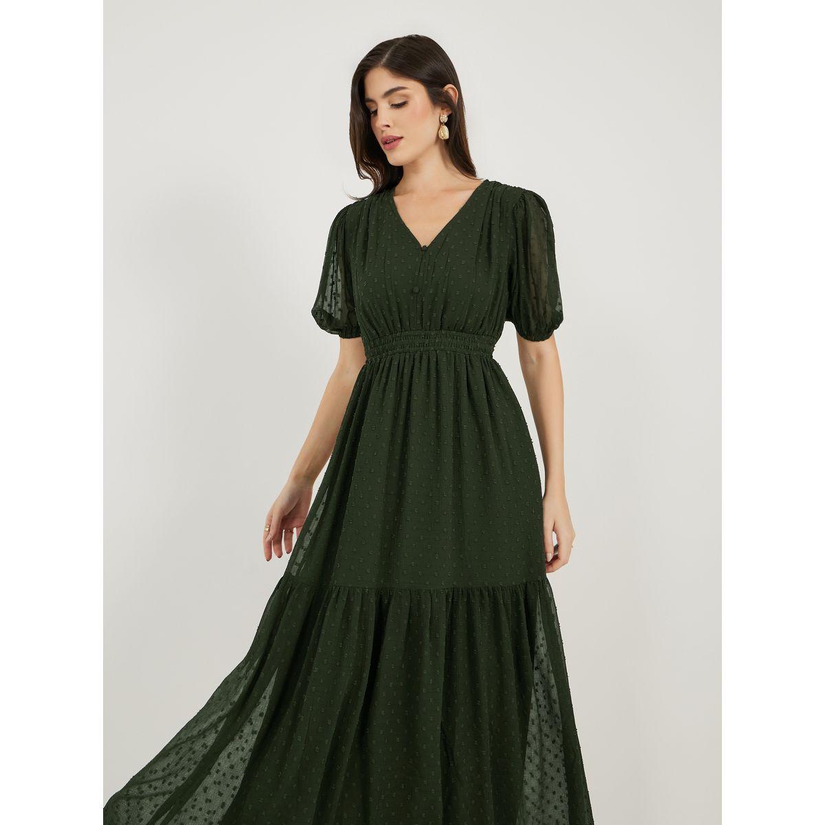 Dobby Textured Puff Sleeves A-Line Midi Dress-women-clothing-dresses-image-3