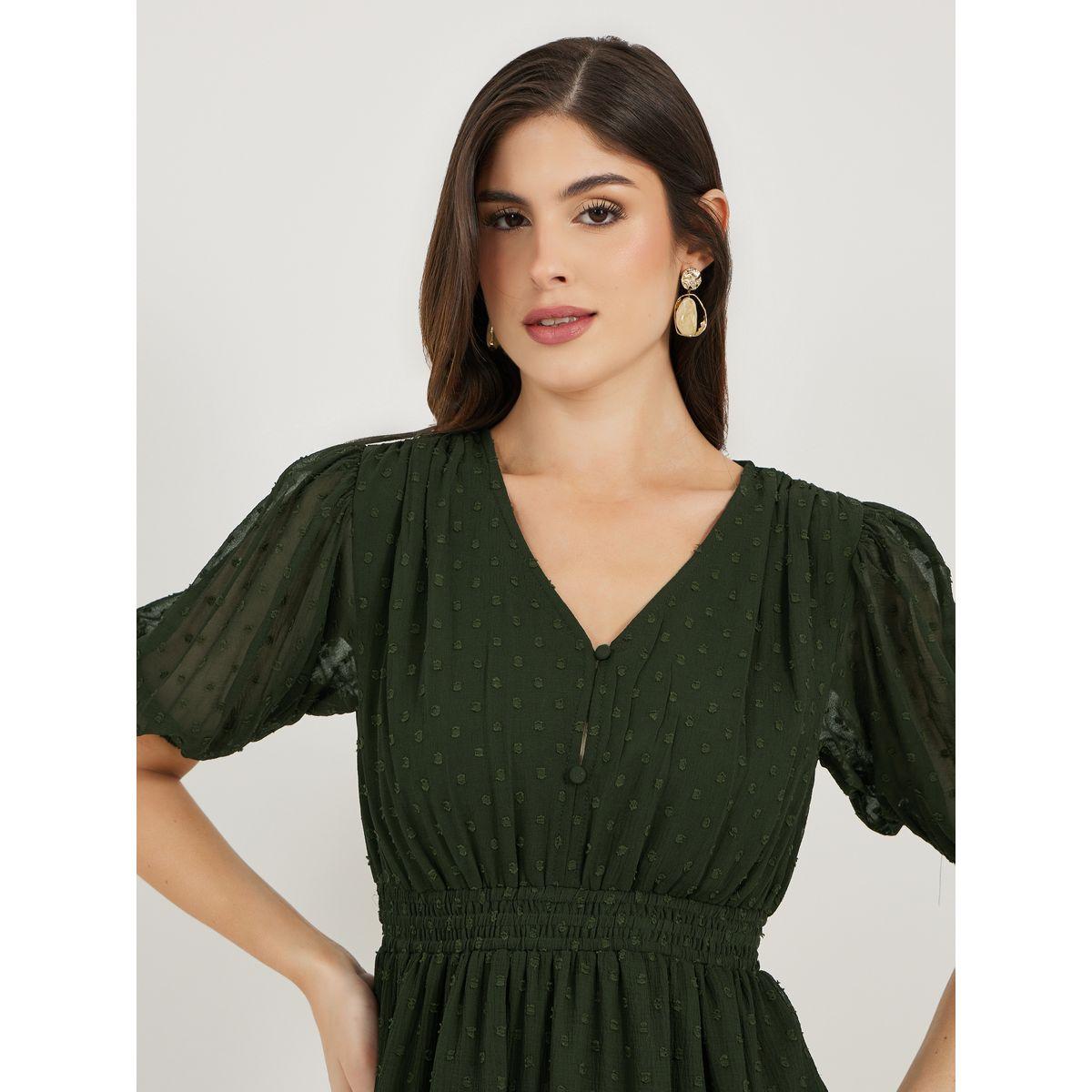 Dobby Textured Puff Sleeves A-Line Midi Dress-women-clothing-dresses-image-5