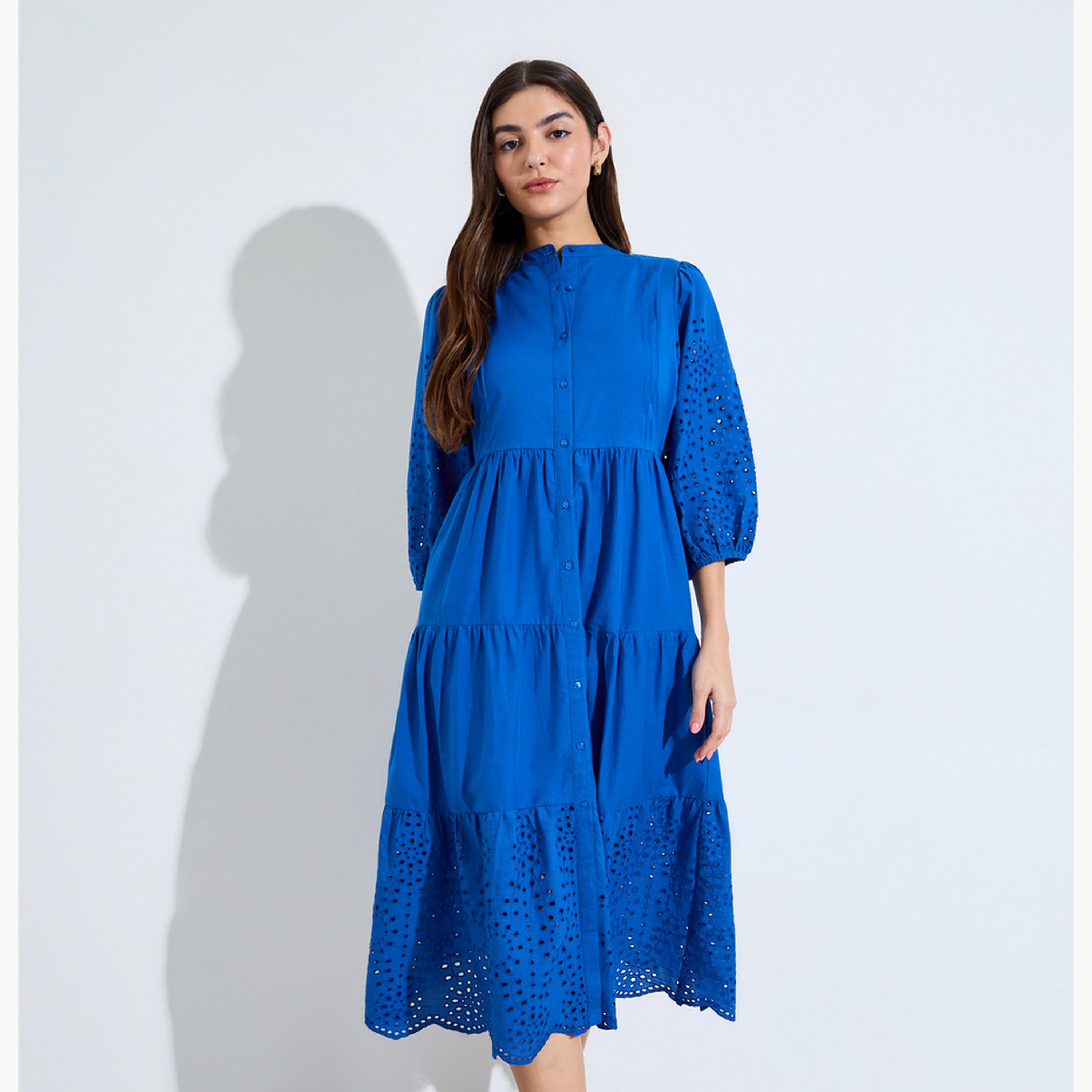 ستايلي - فستان ميدي أزرق بتفاصيل شيفلي-women-clothing-dresses-image-1