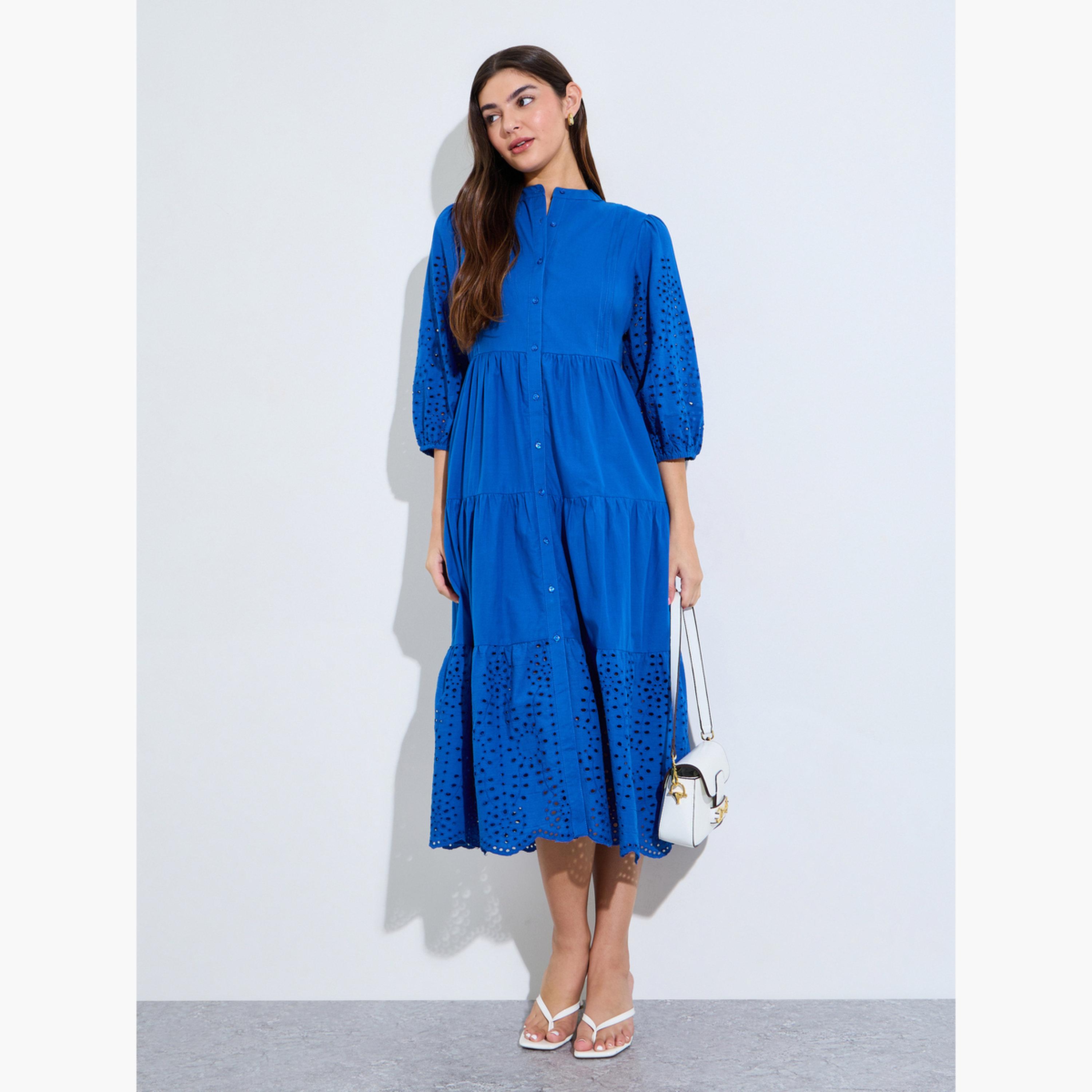 ستايلي - فستان ميدي أزرق بتفاصيل شيفلي-women-clothing-dresses-image-2
