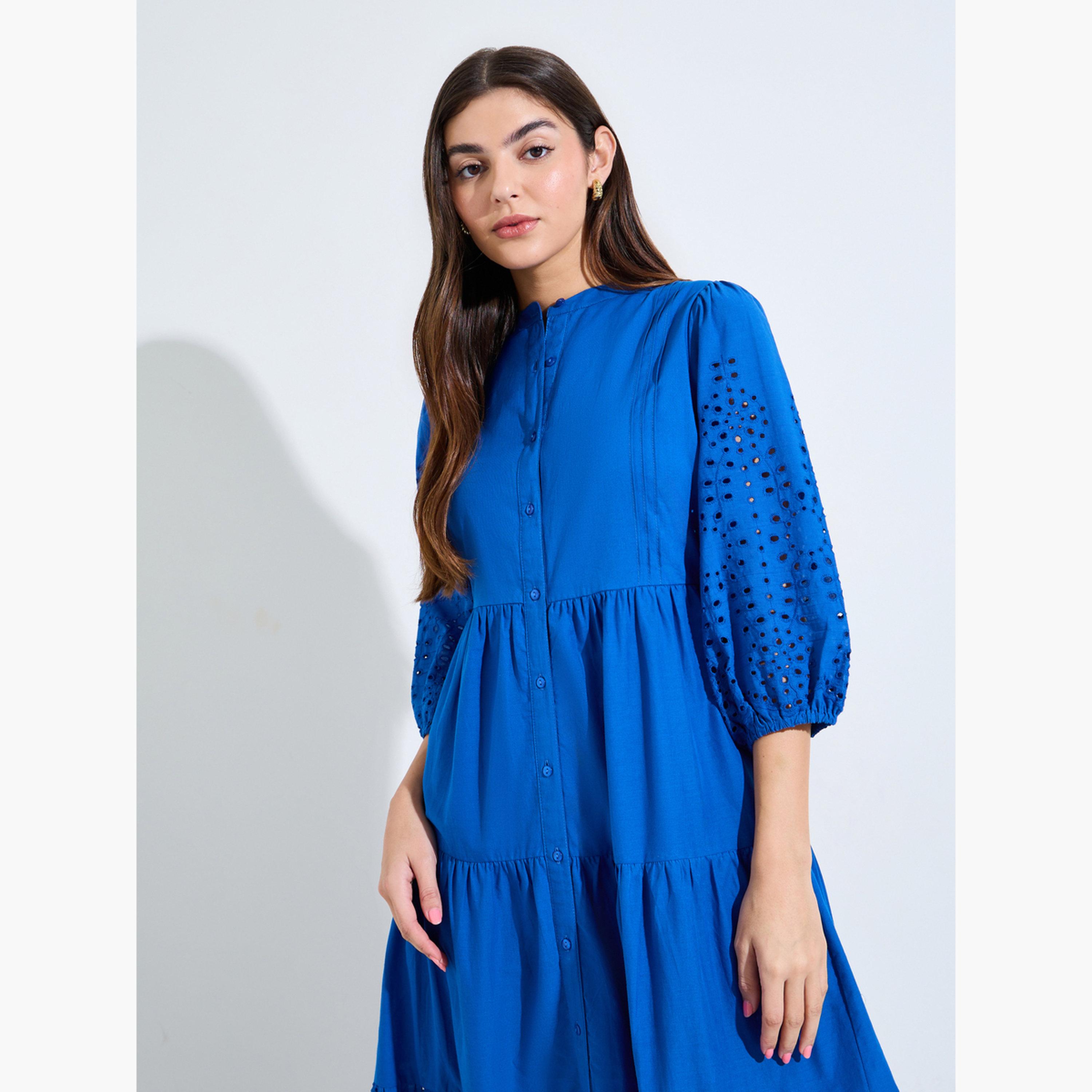 ستايلي - فستان ميدي أزرق بتفاصيل شيفلي-women-clothing-dresses-image-3