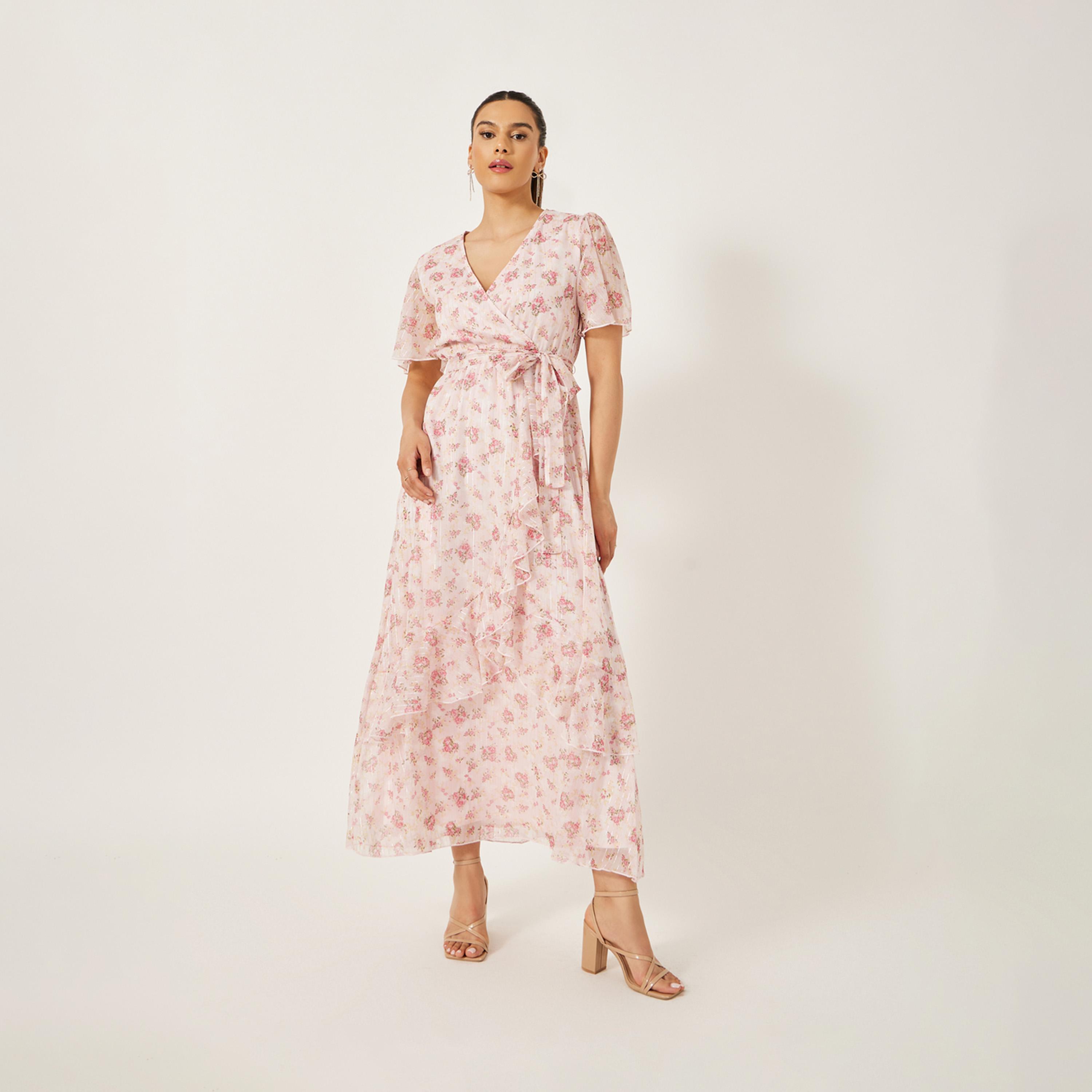 ستايلي - فستان ماكسي ملفوف بفتحة رقبة على شكل V ومطبوع بالزهور-women-clothing-dresses-image-1