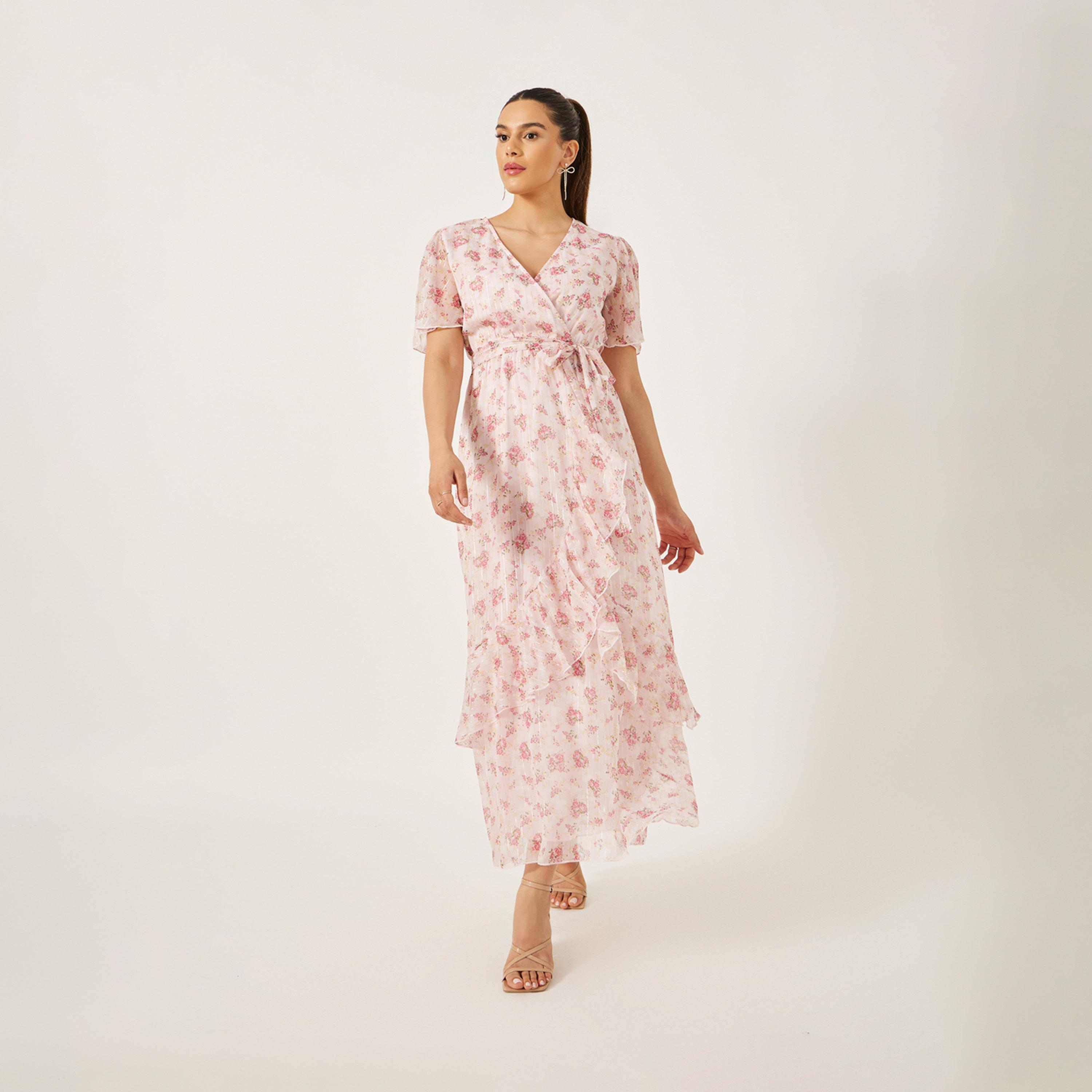 ستايلي - فستان ماكسي ملفوف بفتحة رقبة على شكل V ومطبوع بالزهور-women-clothing-dresses-image-2