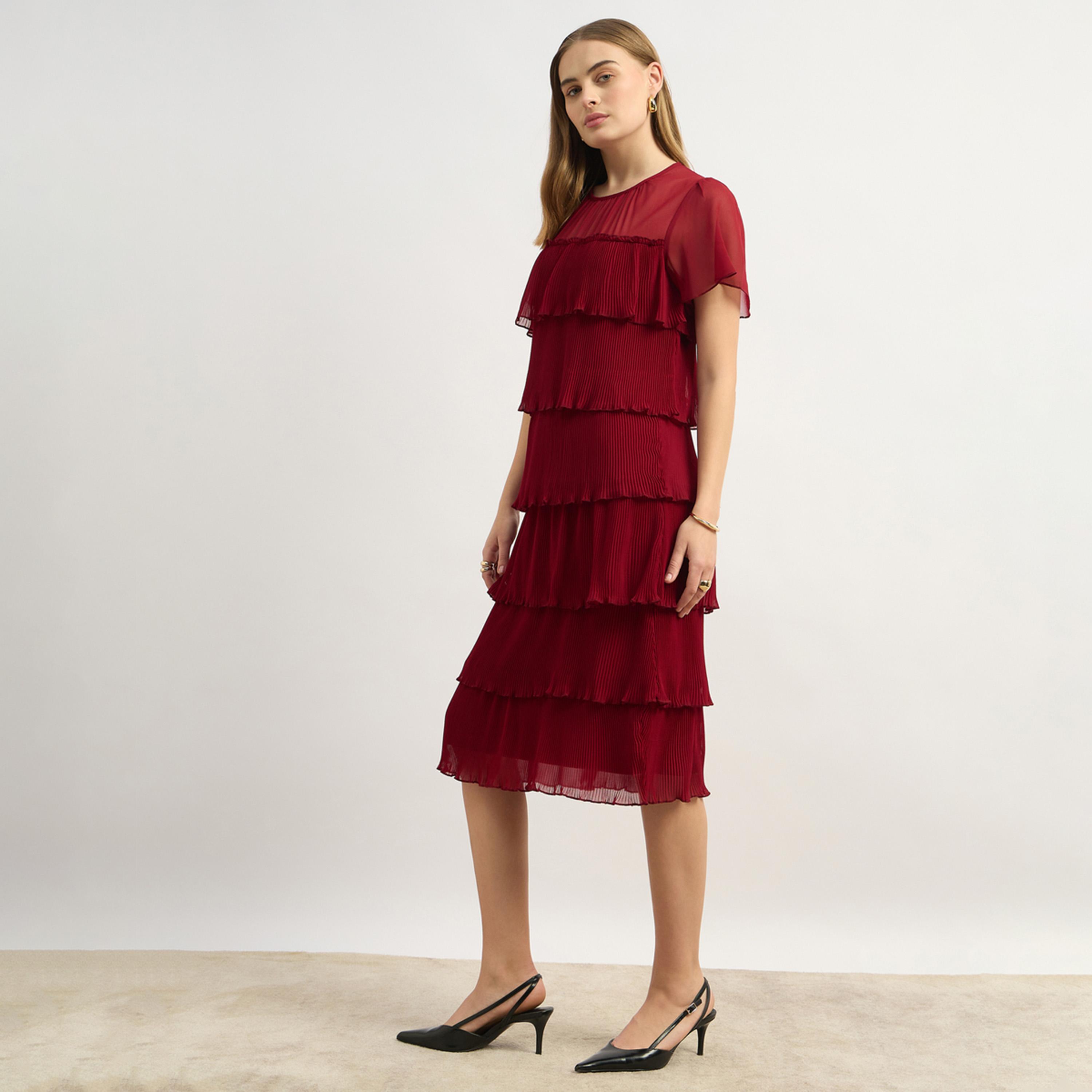 Styli Plain Half Sleeves Tiered Knee-Length Dress-women-clothing-dresses-image-3