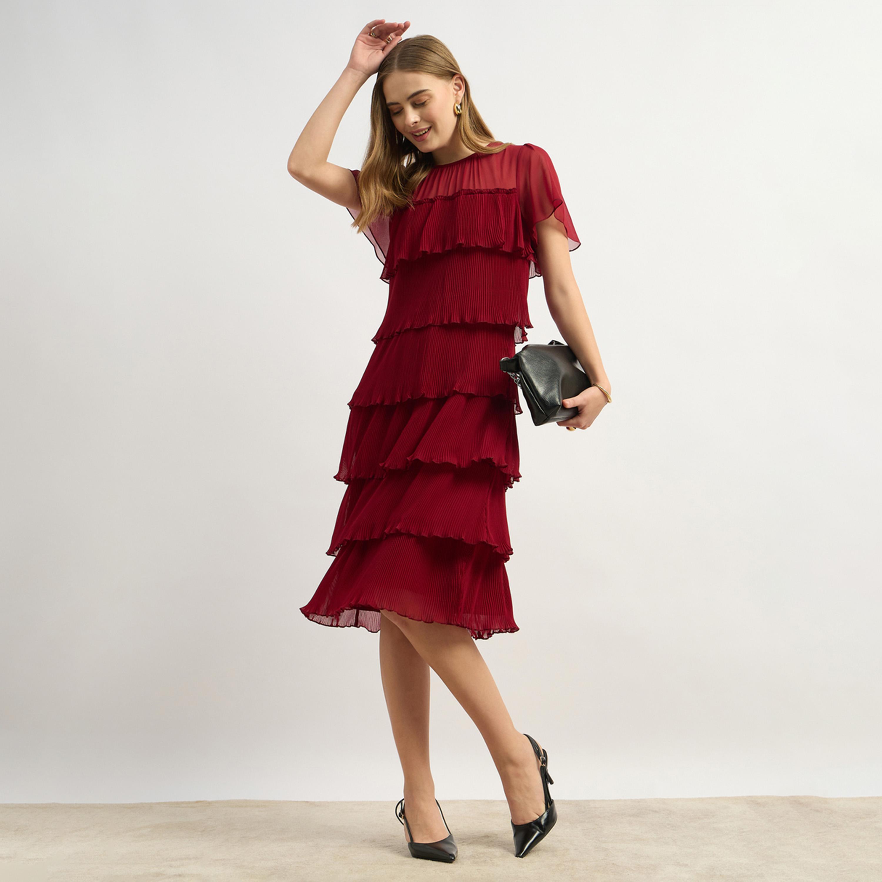 Styli Plain Half Sleeves Tiered Knee-Length Dress-women-clothing-dresses-image-7