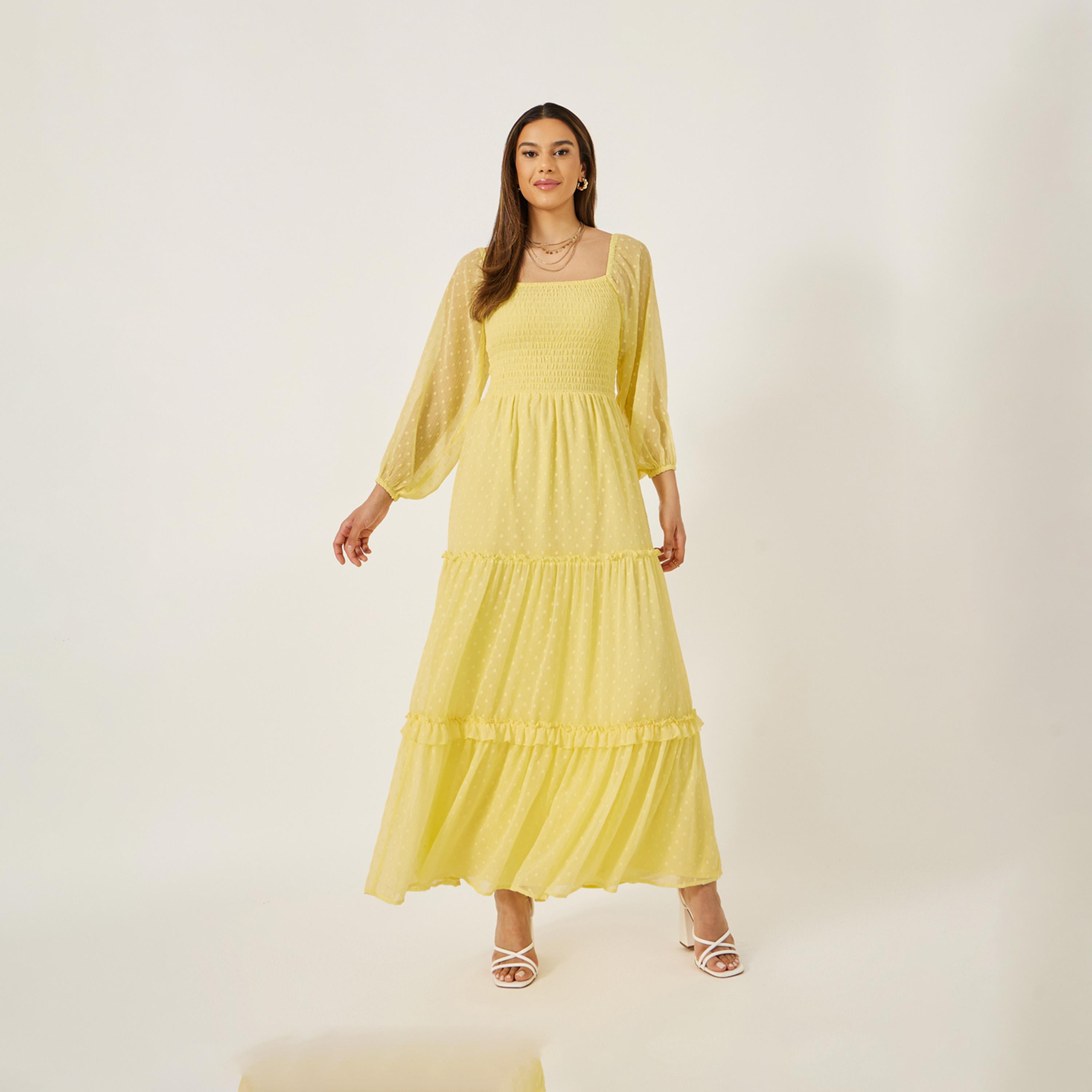 Styli Dobby Balloon Sleeves Tiered Maxi Dress With Smocked Detail-women-clothing-dresses-image-1