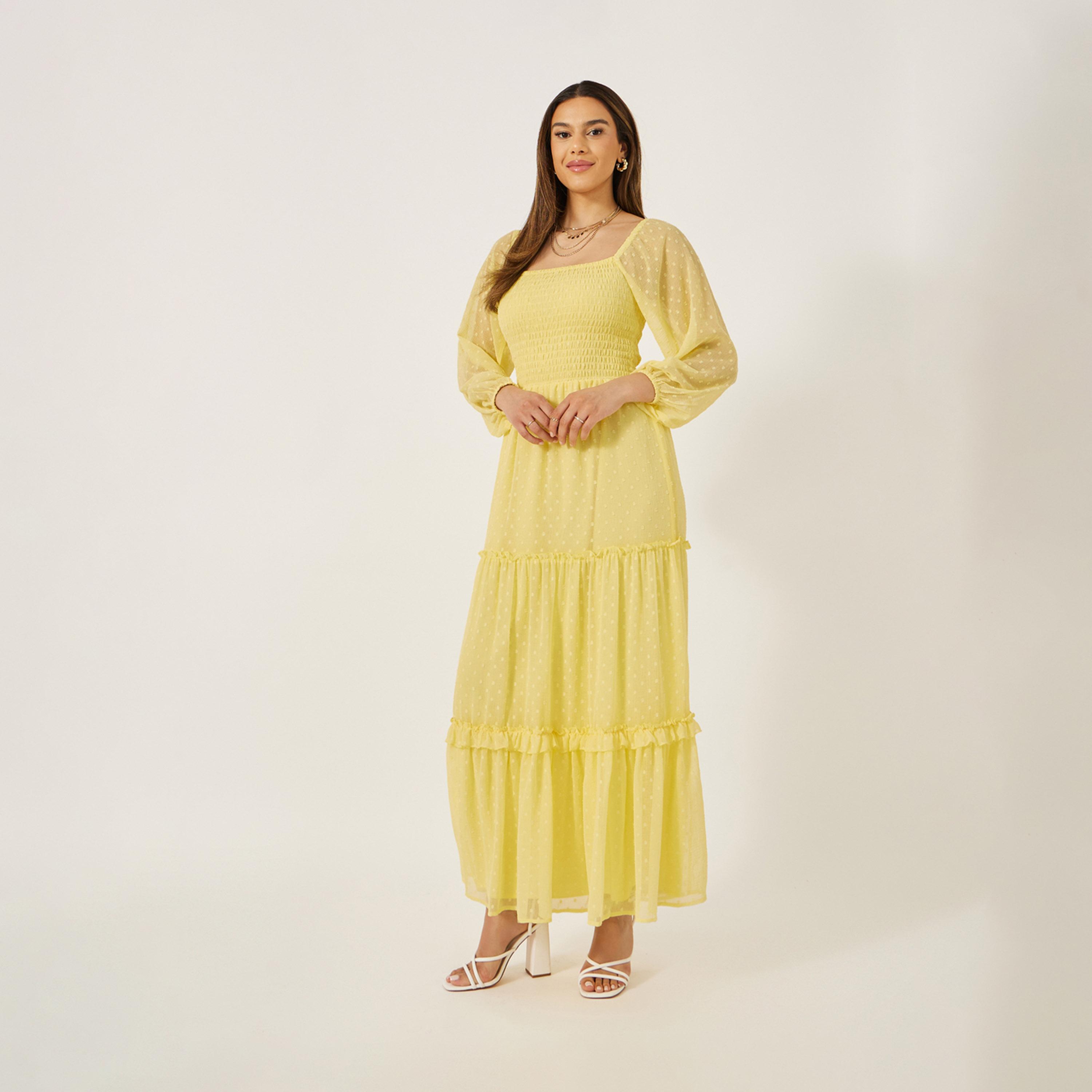Styli Dobby Balloon Sleeves Tiered Maxi Dress With Smocked Detail-women-clothing-dresses-image-2