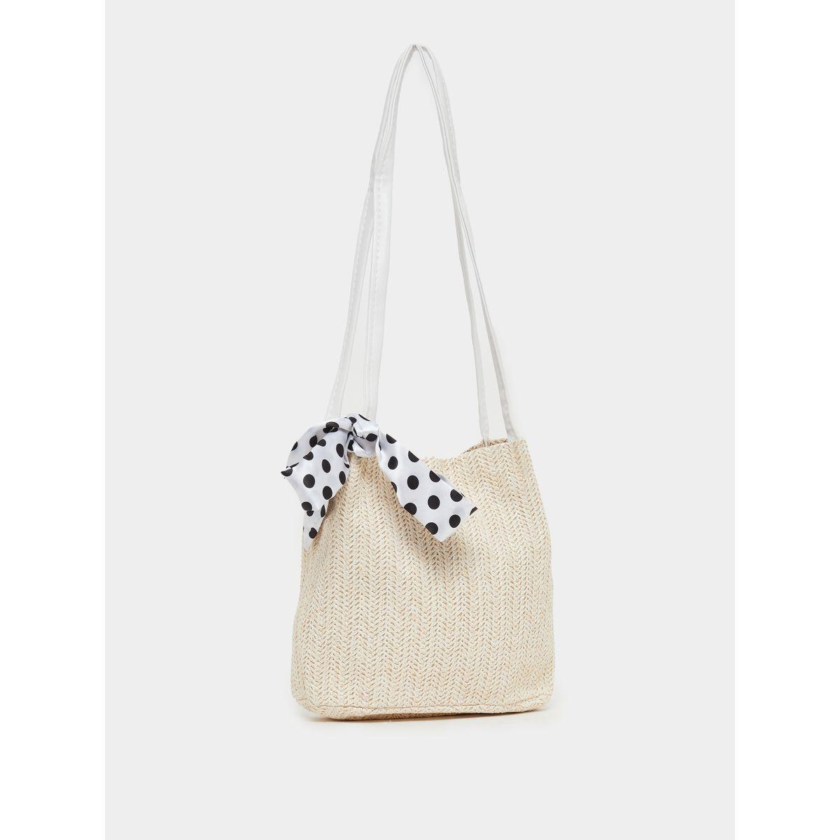 شنطة كتف قش بطبعة نقاط بولكا وتفاصيل ريبون-women-bagsandwallets-handbags-image-1