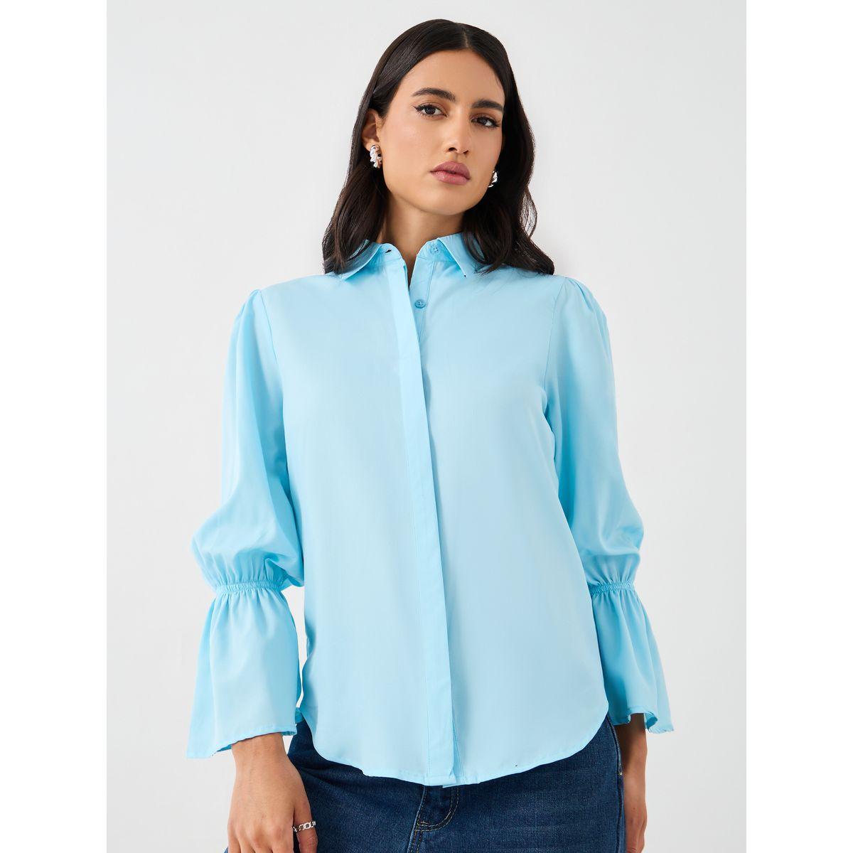 Styli Solid Frill Cuffed Long Sleeves Regular Fit Shirt-women-clothing-shirtsandblouses-shirts-image-1