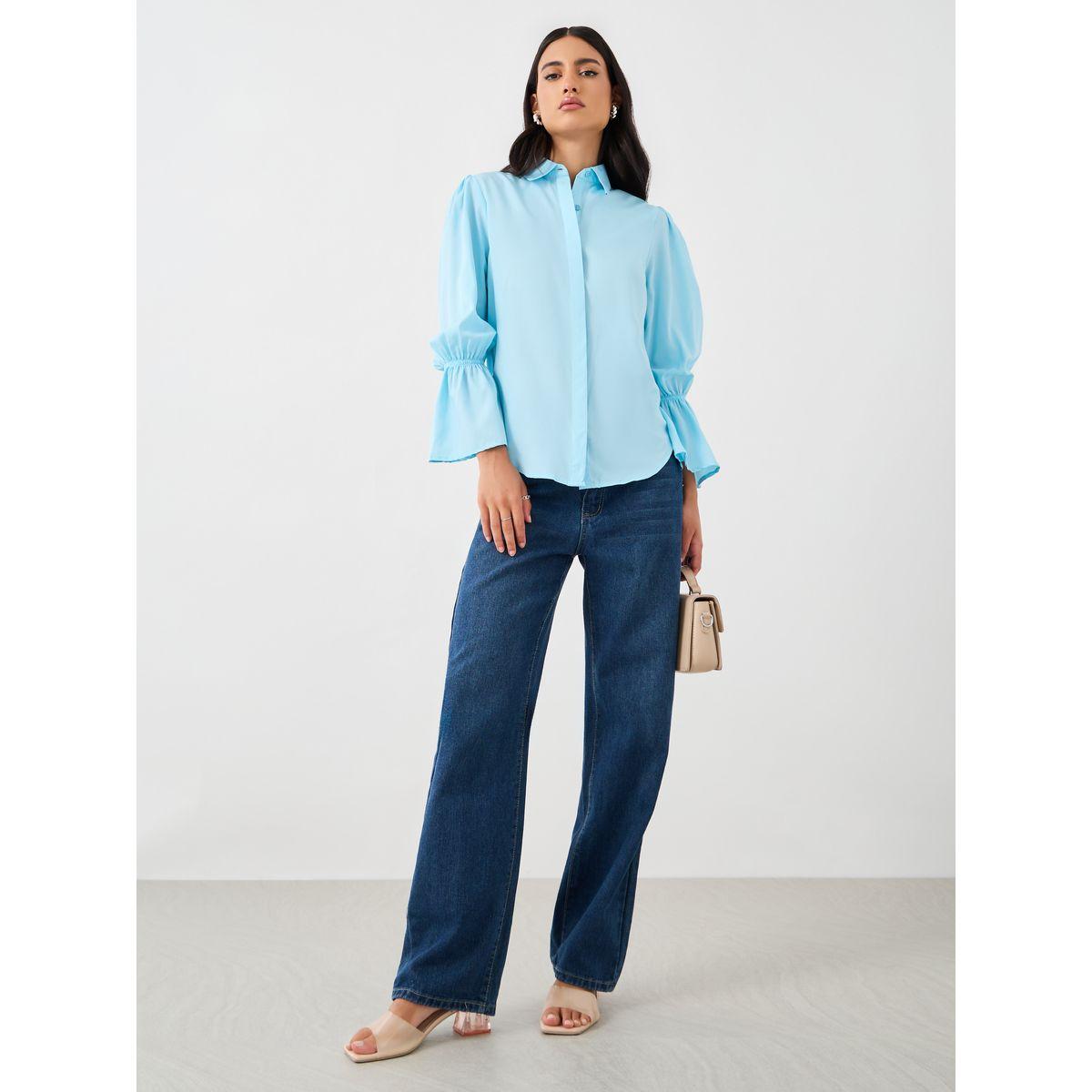 Styli Solid Frill Cuffed Long Sleeves Regular Fit Shirt-women-clothing-shirtsandblouses-shirts-image-2