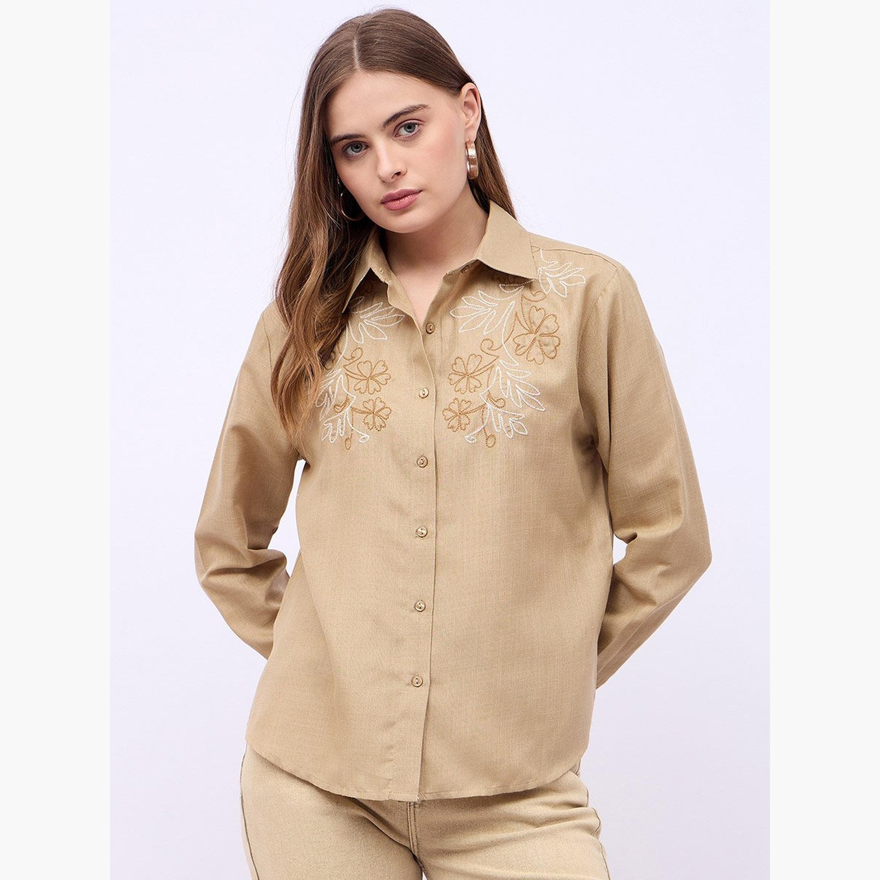 Styli Women Beige Embroidered Long Sleeve Shirt-women-clothing-shirtsandblouses-shirts-image-1