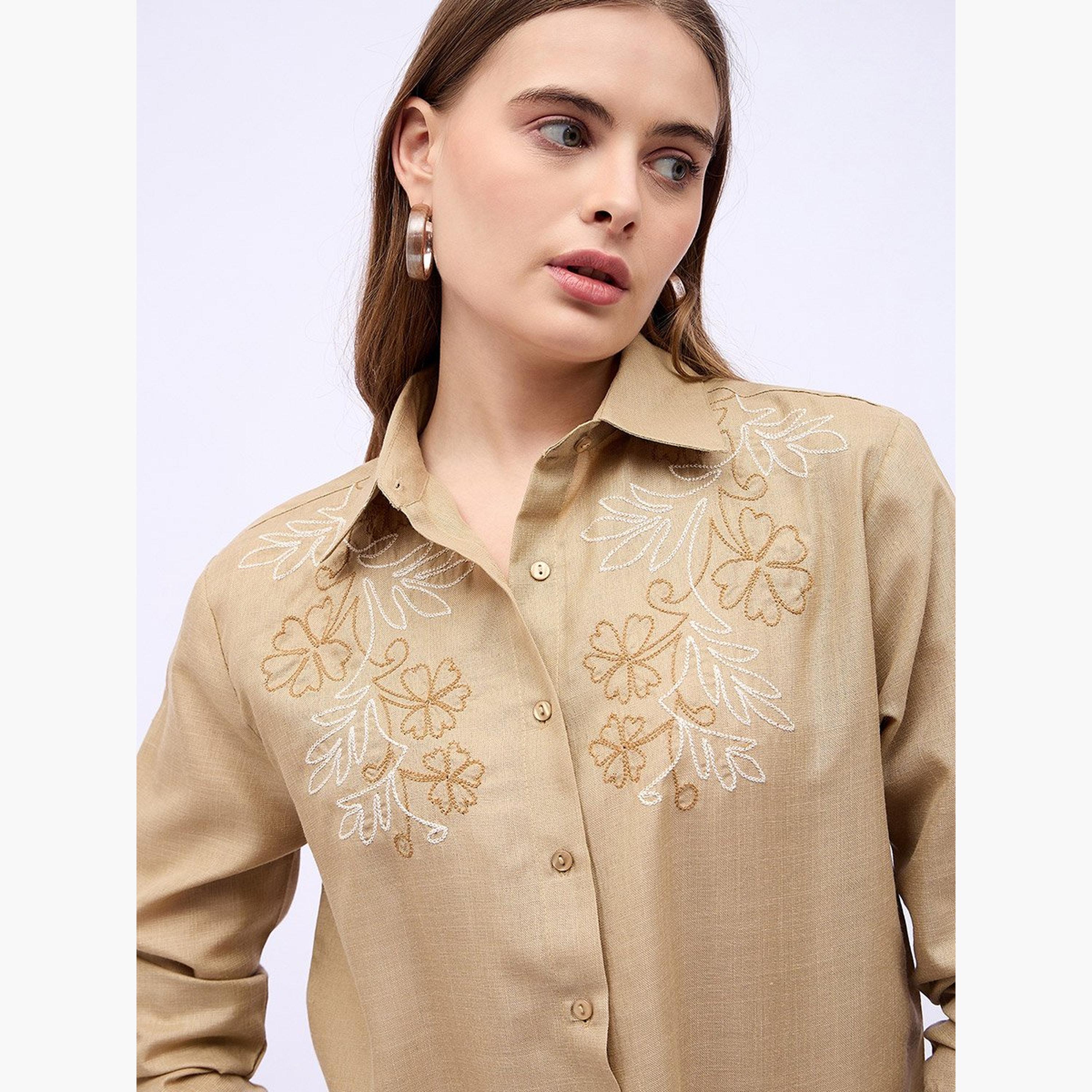 Styli Women Beige Embroidered Long Sleeve Shirt-women-clothing-shirtsandblouses-shirts-image-2