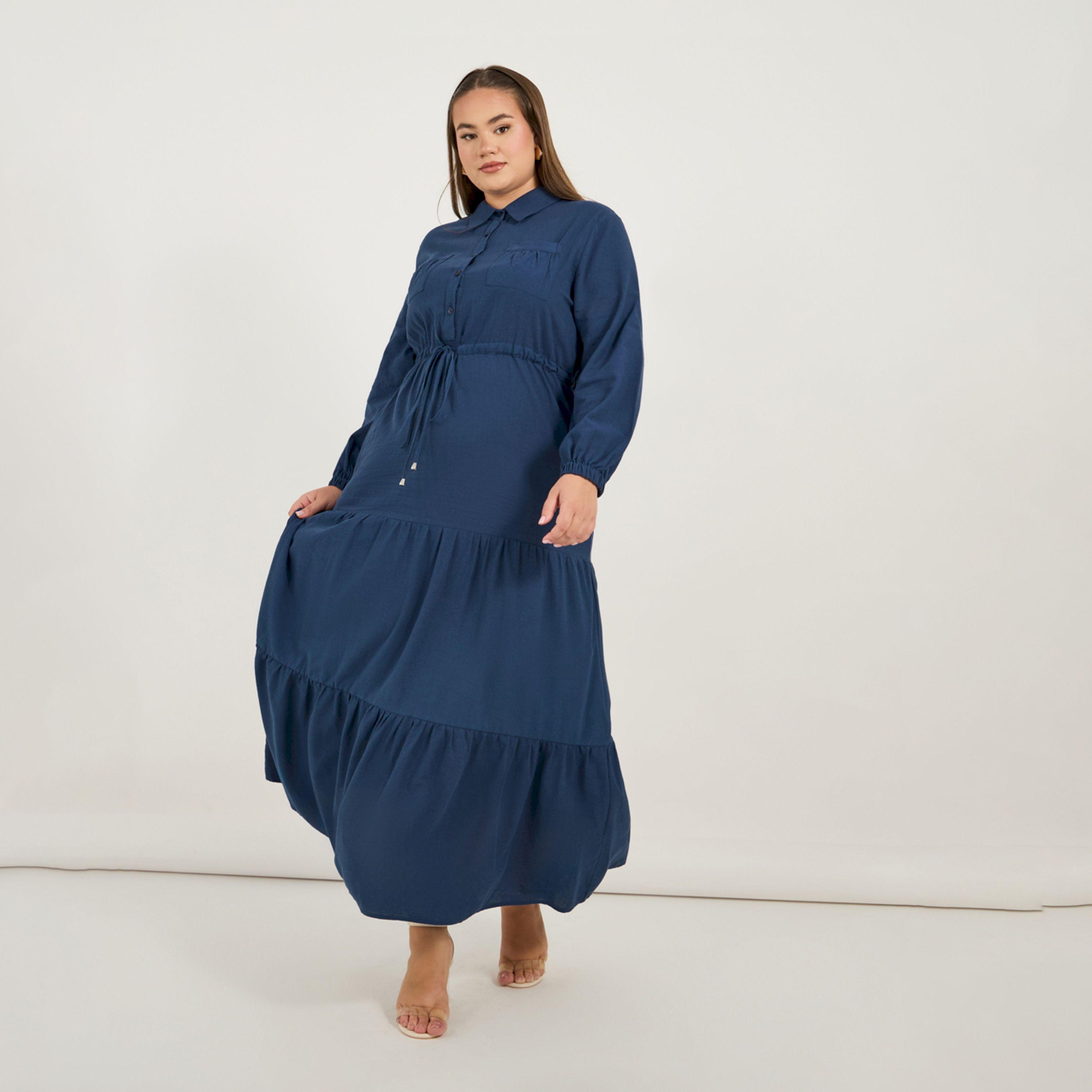 ستايلي - فستان ماكسي طبقات بمقاس كبير مع جيب وياقة وأربطة-women-clothing-dresses-image-1