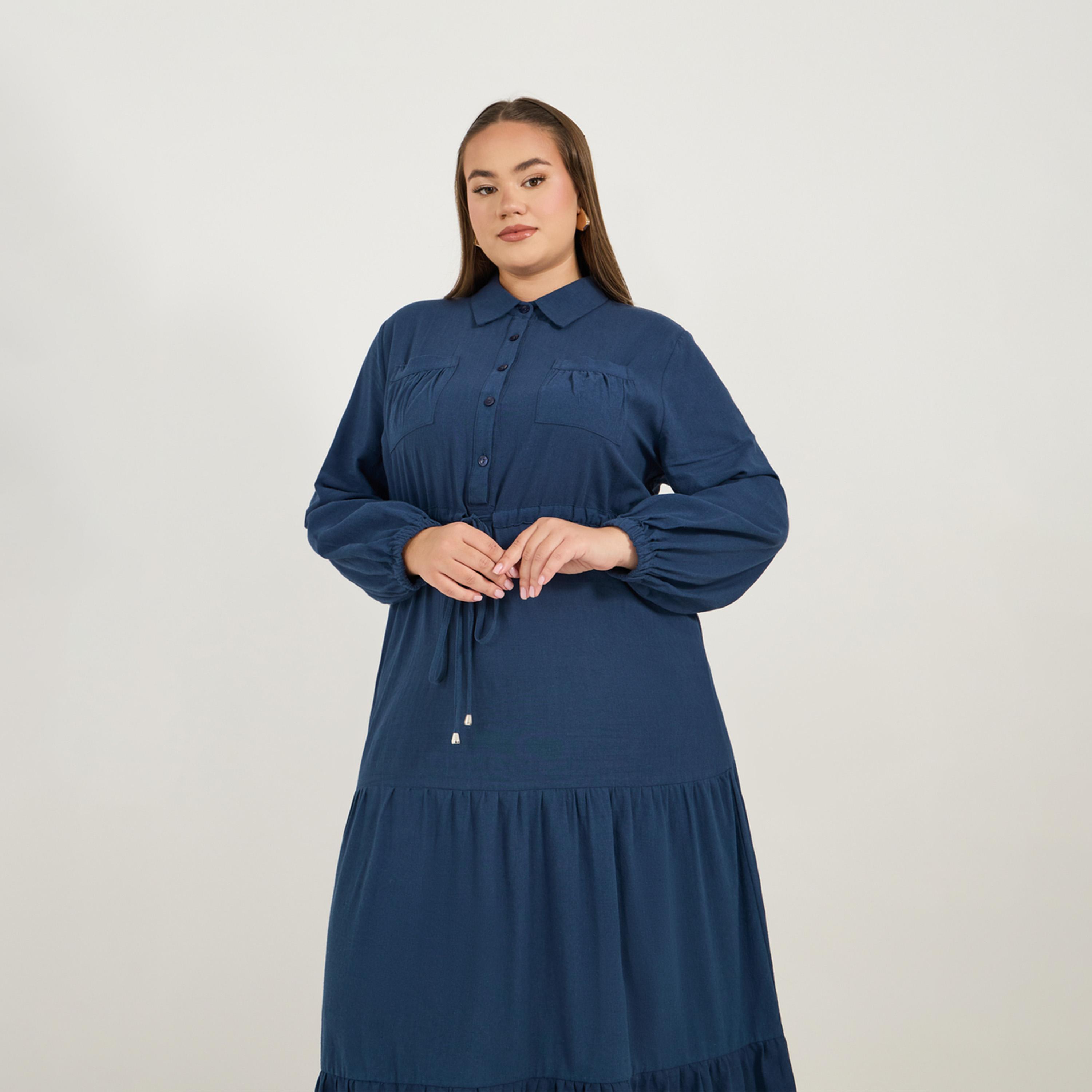 Styli Plus Size Pocket Detail Collared Tiered Maxi Dress with Drawstring-women-clothing-dresses-image-2