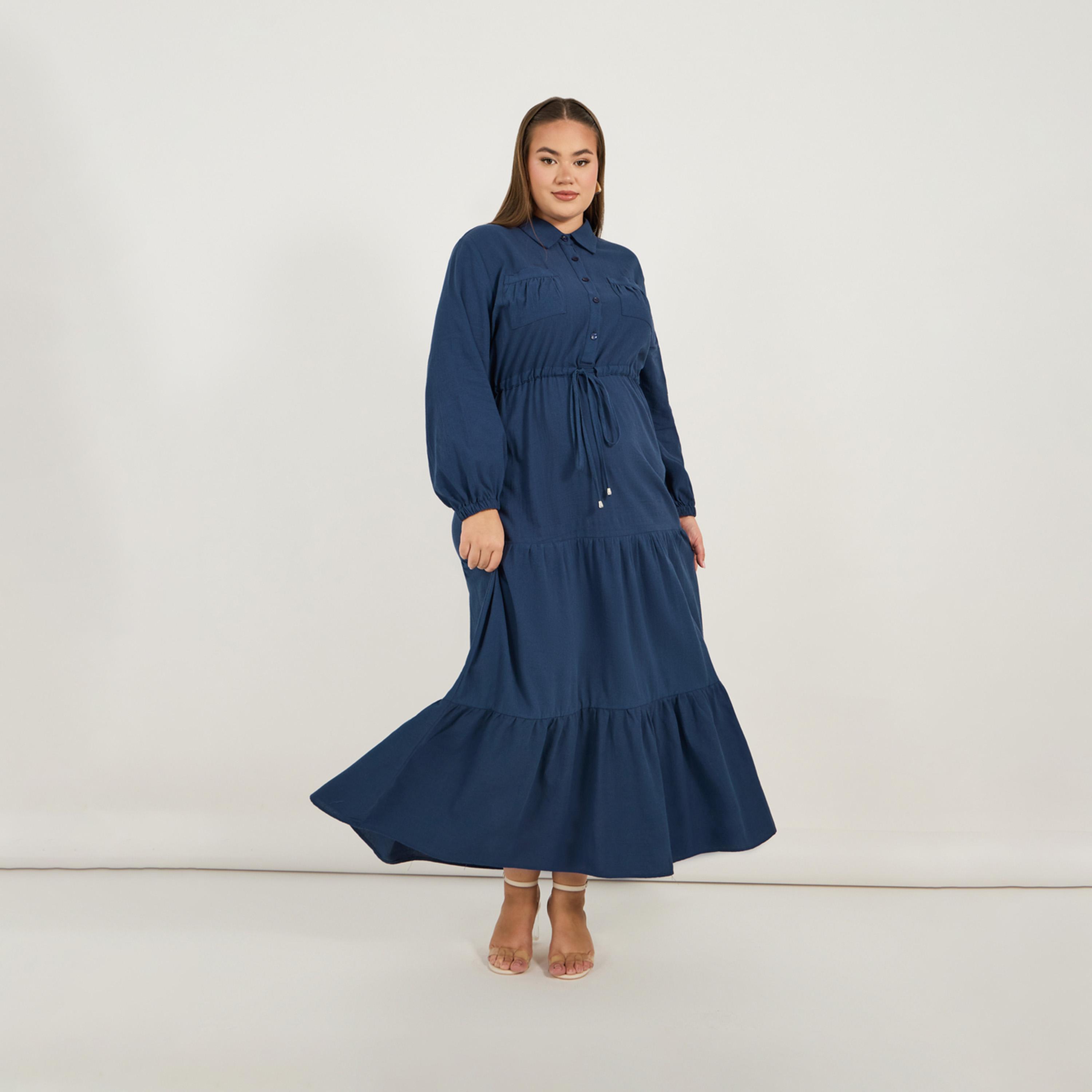 ستايلي - فستان ماكسي طبقات بمقاس كبير مع جيب وياقة وأربطة-women-clothing-dresses-image-4