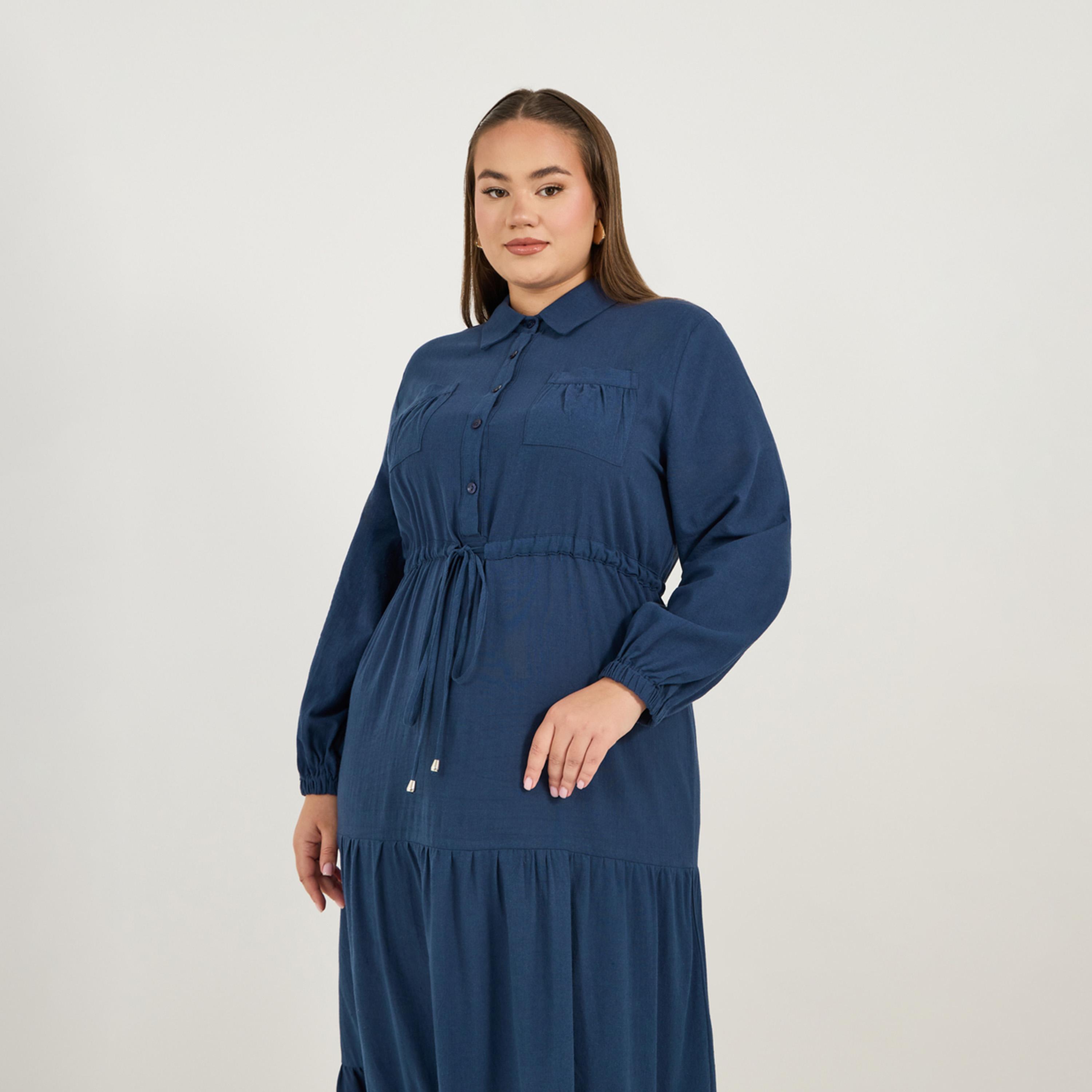 ستايلي - فستان ماكسي طبقات بمقاس كبير مع جيب وياقة وأربطة-women-clothing-dresses-image-5