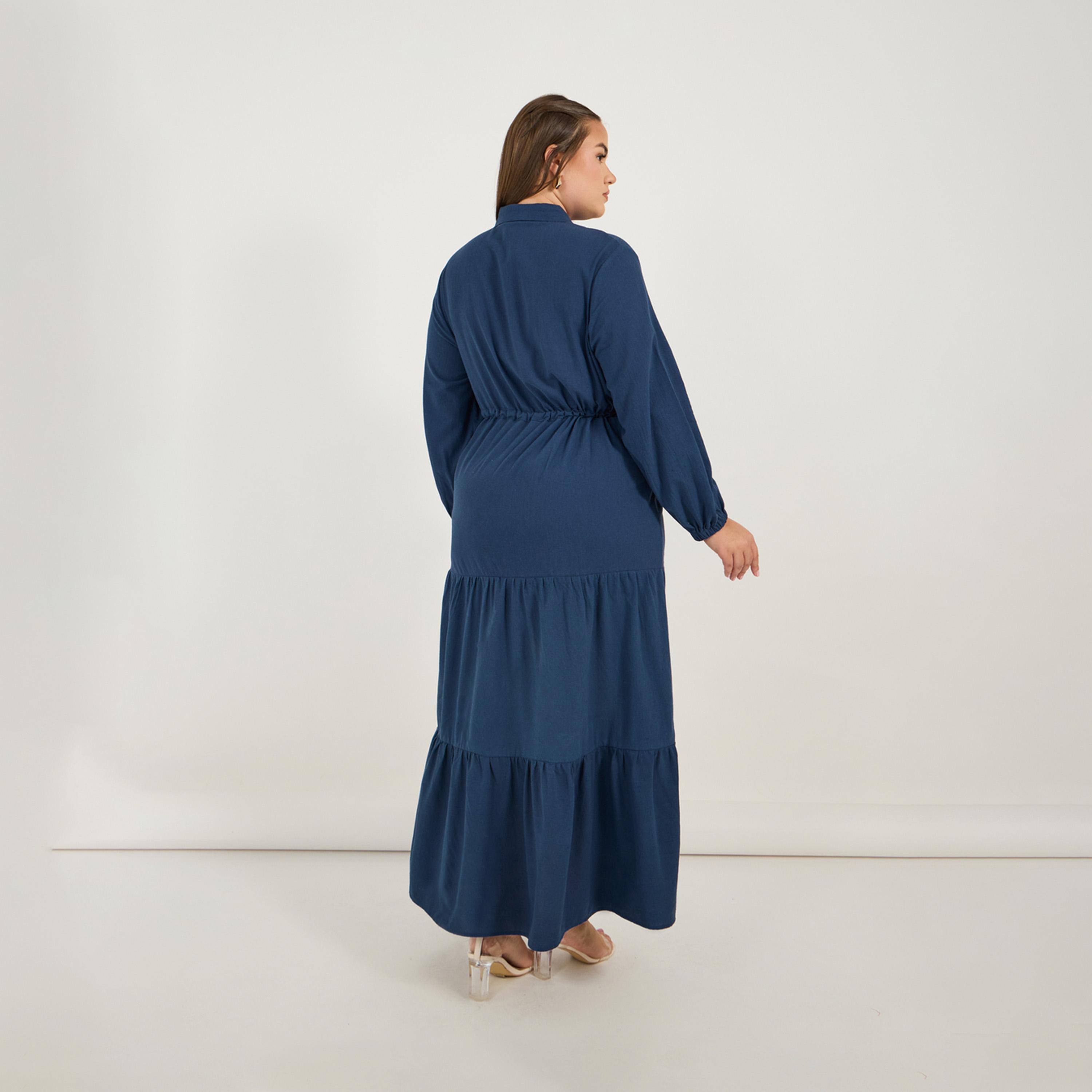 Styli Plus Size Pocket Detail Collared Tiered Maxi Dress with Drawstring-women-clothing-dresses-image-6