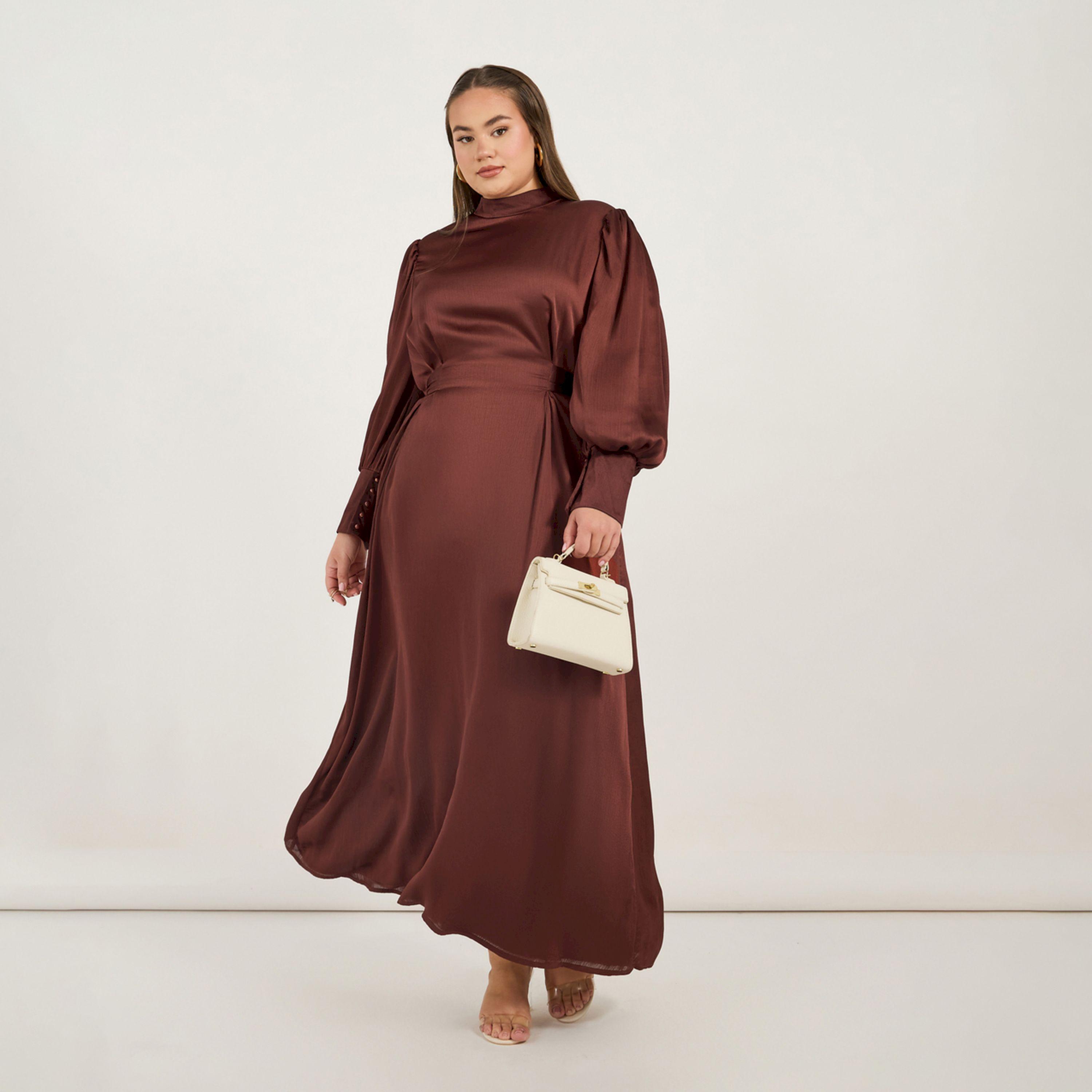 ستايلي - فستان ماكسي بمقاس كبير بأكمام طويلة وقصة A وكسرات-women-clothing-dresses-image-1