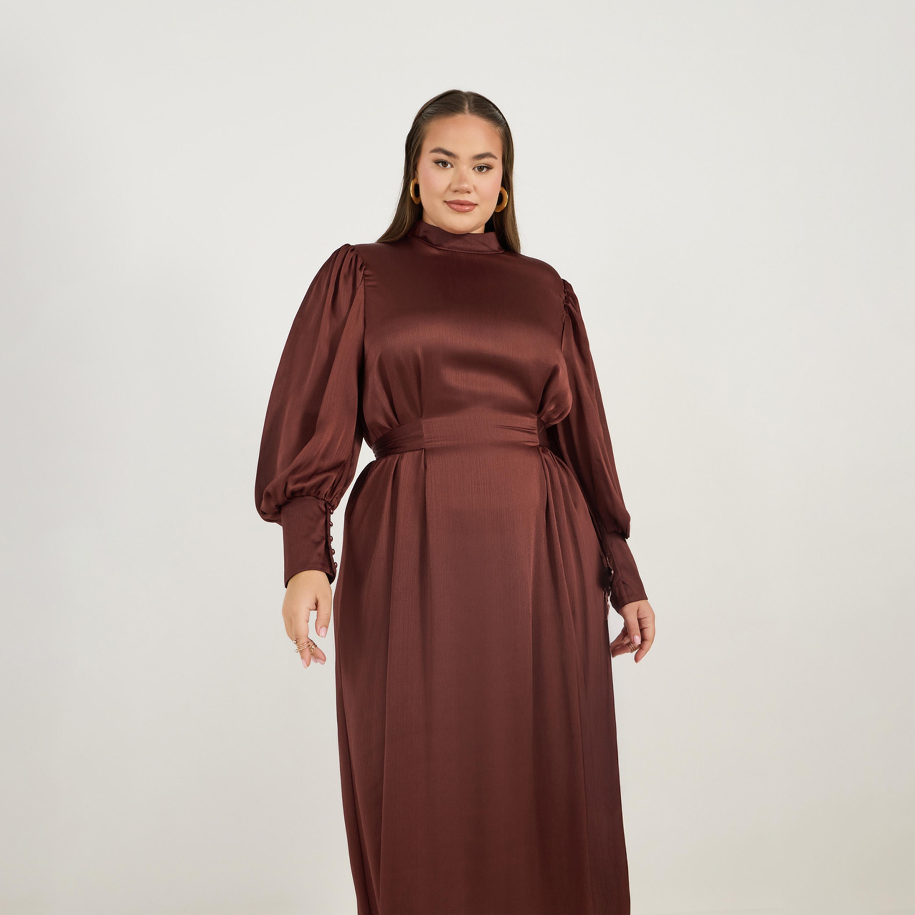 ستايلي - فستان ماكسي بمقاس كبير بأكمام طويلة وقصة A وكسرات-women-clothing-dresses-image-2