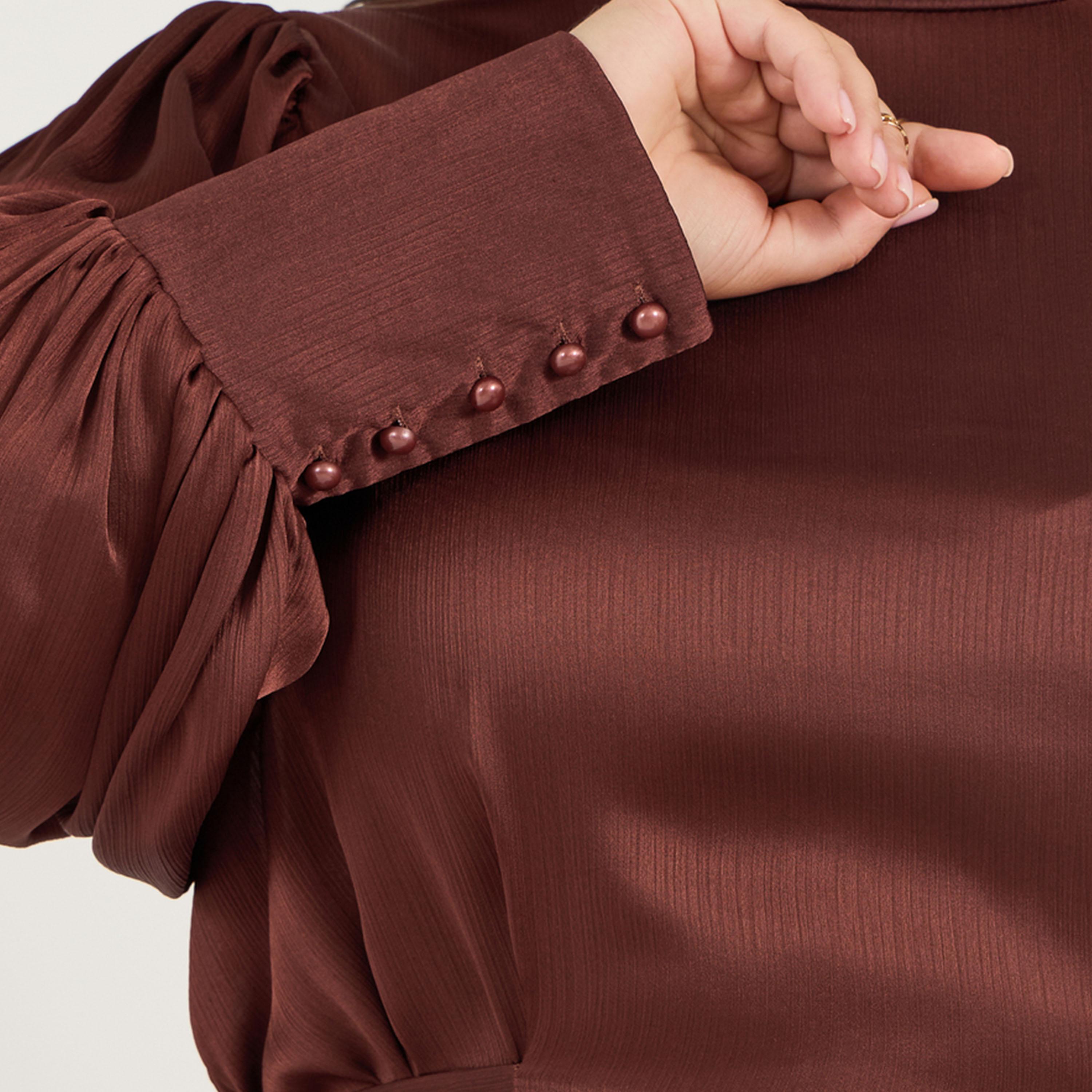 Styli Plus Size Satin Look Long Sleeves A-Line Maxi Dress with Pleated Detail-women-clothing-dresses-image-3
