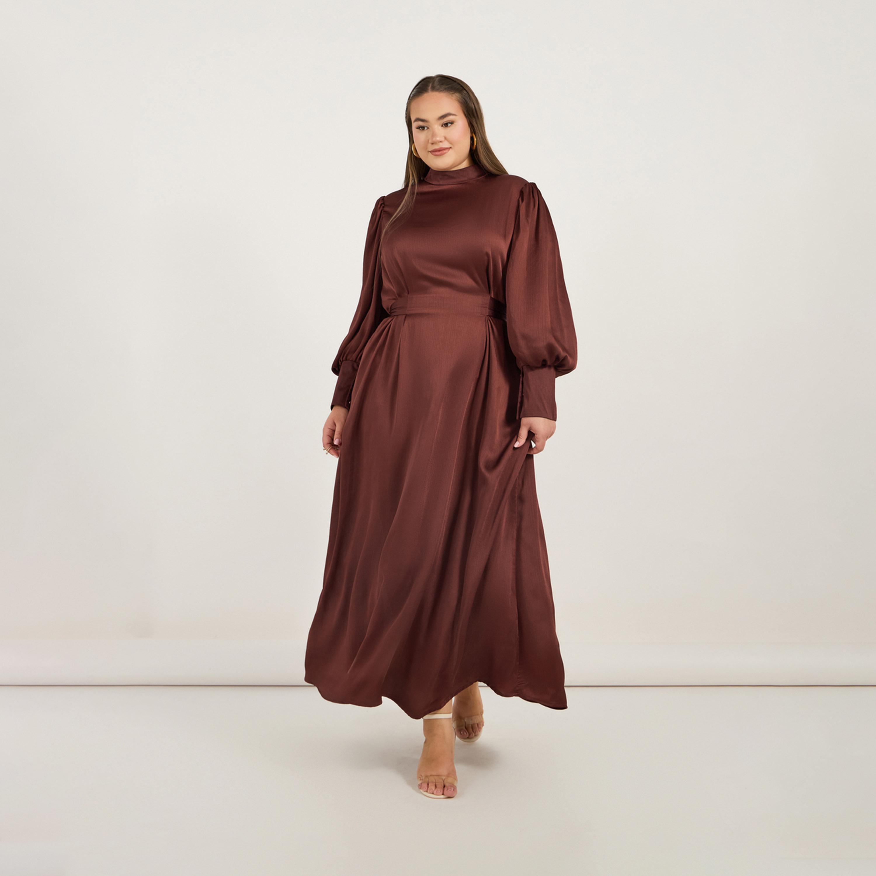 Styli Plus Size Satin Look Long Sleeves A-Line Maxi Dress with Pleated Detail-women-clothing-dresses-image-4