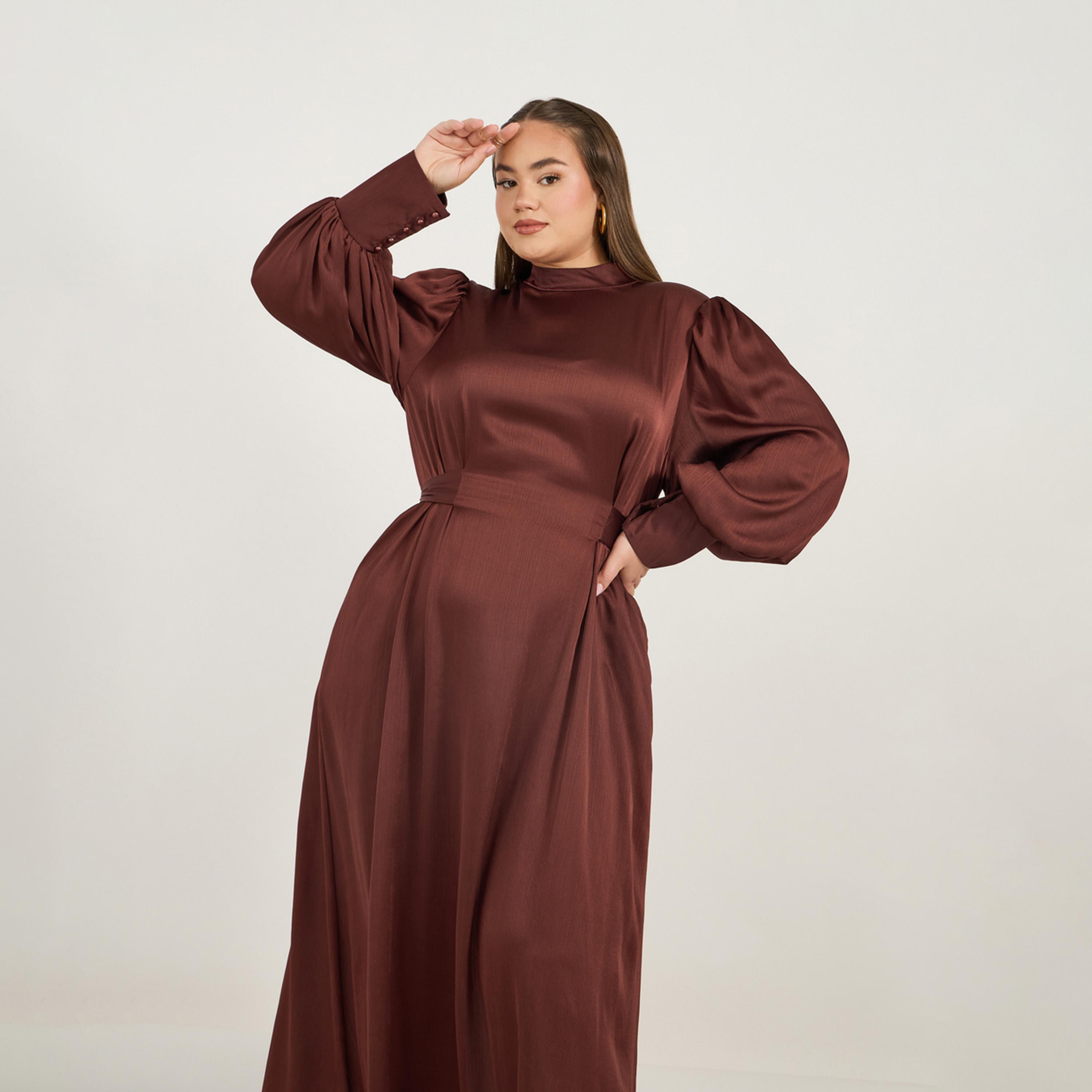 Styli Plus Size Satin Look Long Sleeves A-Line Maxi Dress with Pleated Detail-women-clothing-dresses-image-5