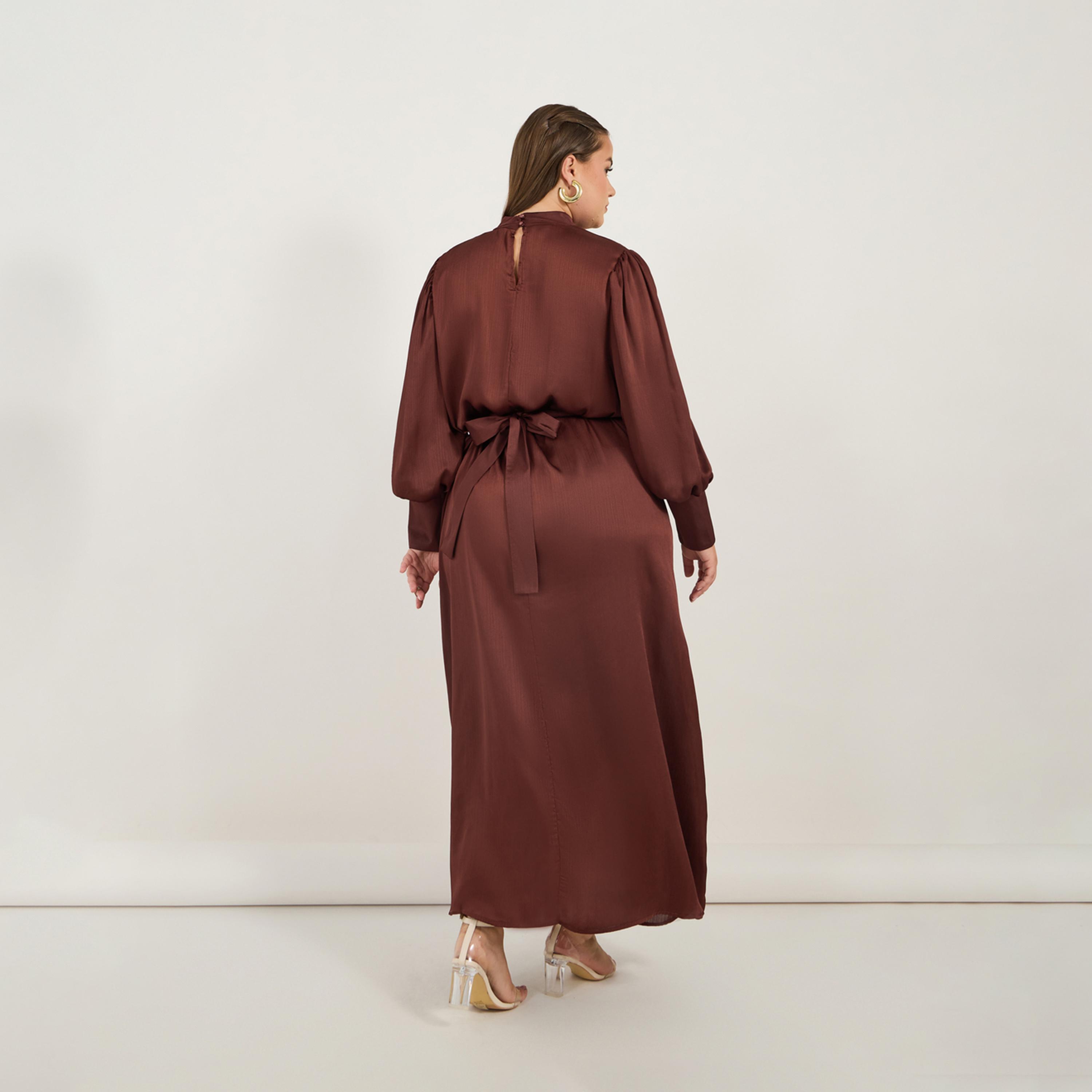 Styli Plus Size Satin Look Long Sleeves A-Line Maxi Dress with Pleated Detail-women-clothing-dresses-image-6
