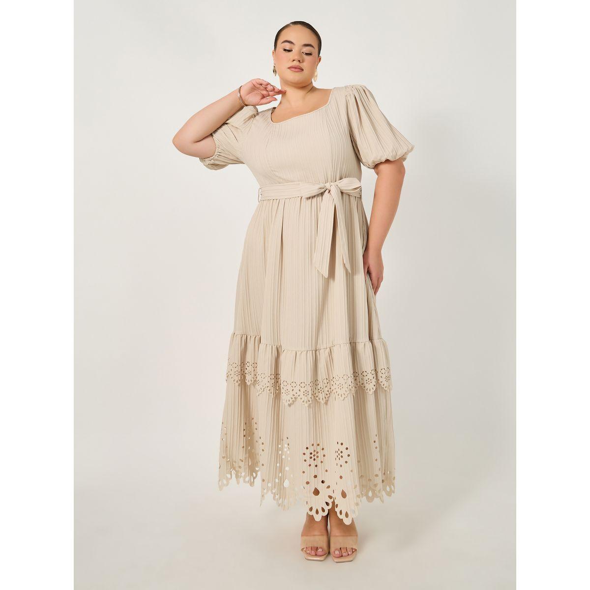 فستان طويل بمقاس كبير مزين بكسرات مع ربطة خصر-women-clothing-dresses-image-2