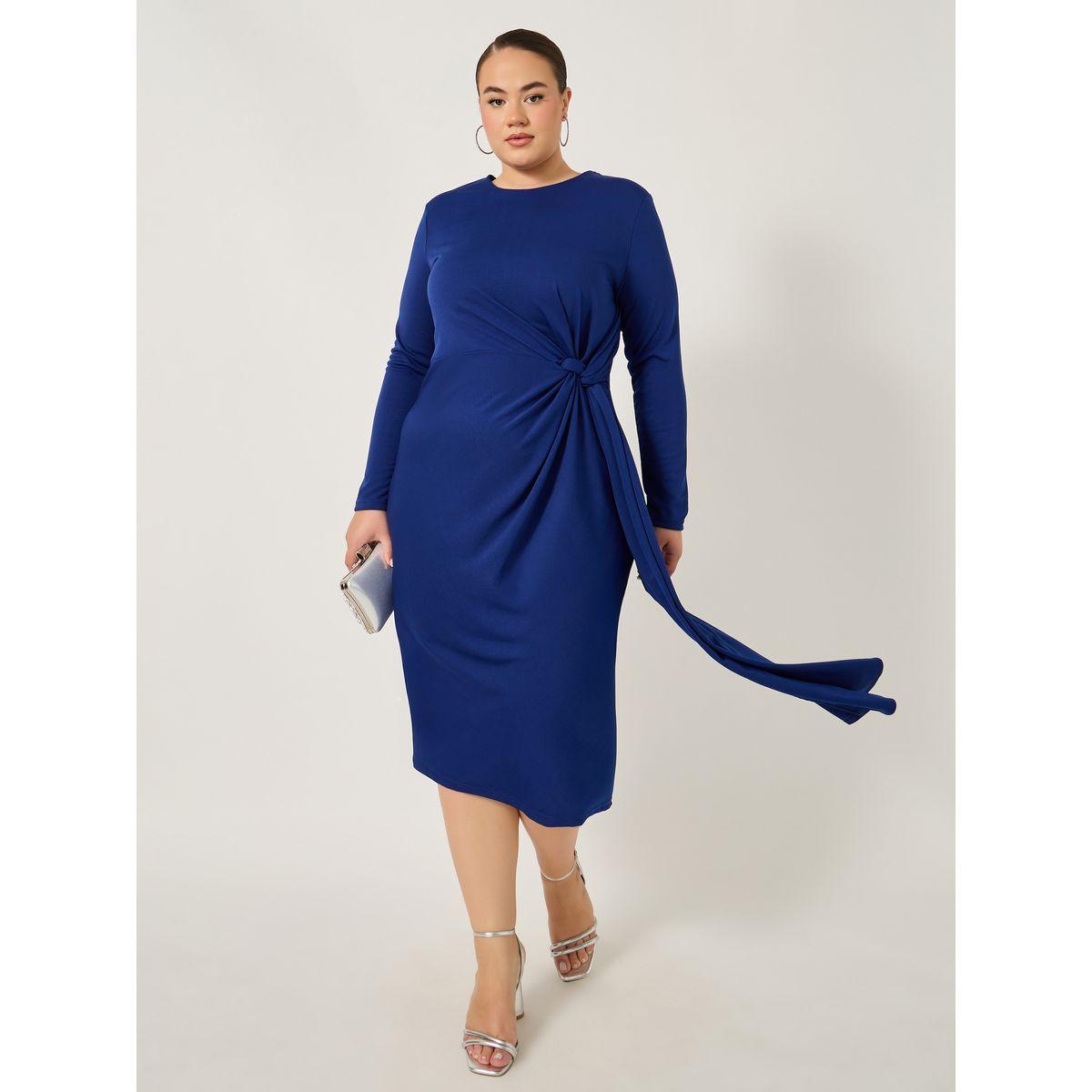 Styli Plus Size Draped Tie Waist Detail A-Line Midi Dress-women-clothing-dresses-image-2