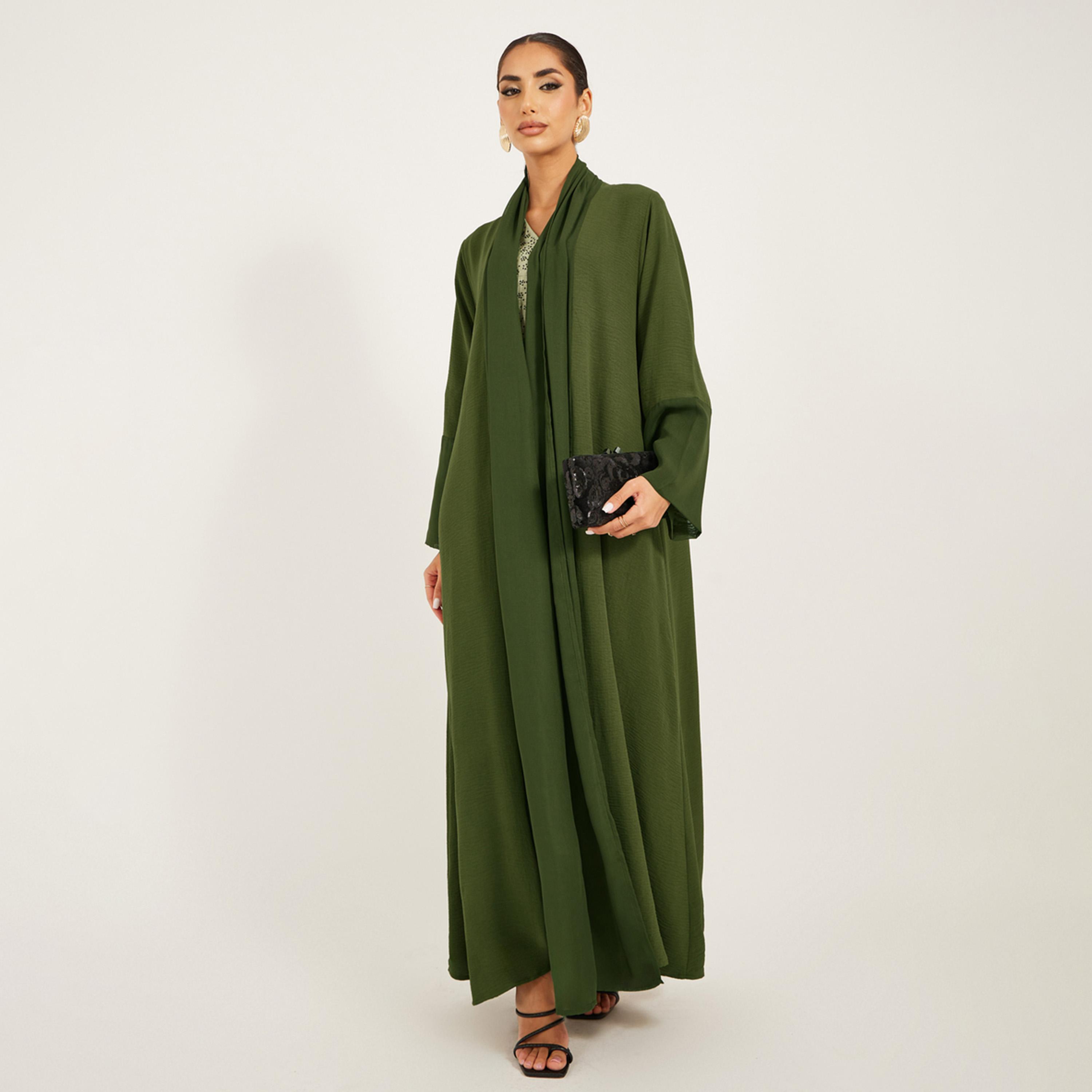 Styli Crepe Fabric Abaya With Chiffon Centre Band And Sleeve Cuff-women-arabicclothing-abayas-image-1