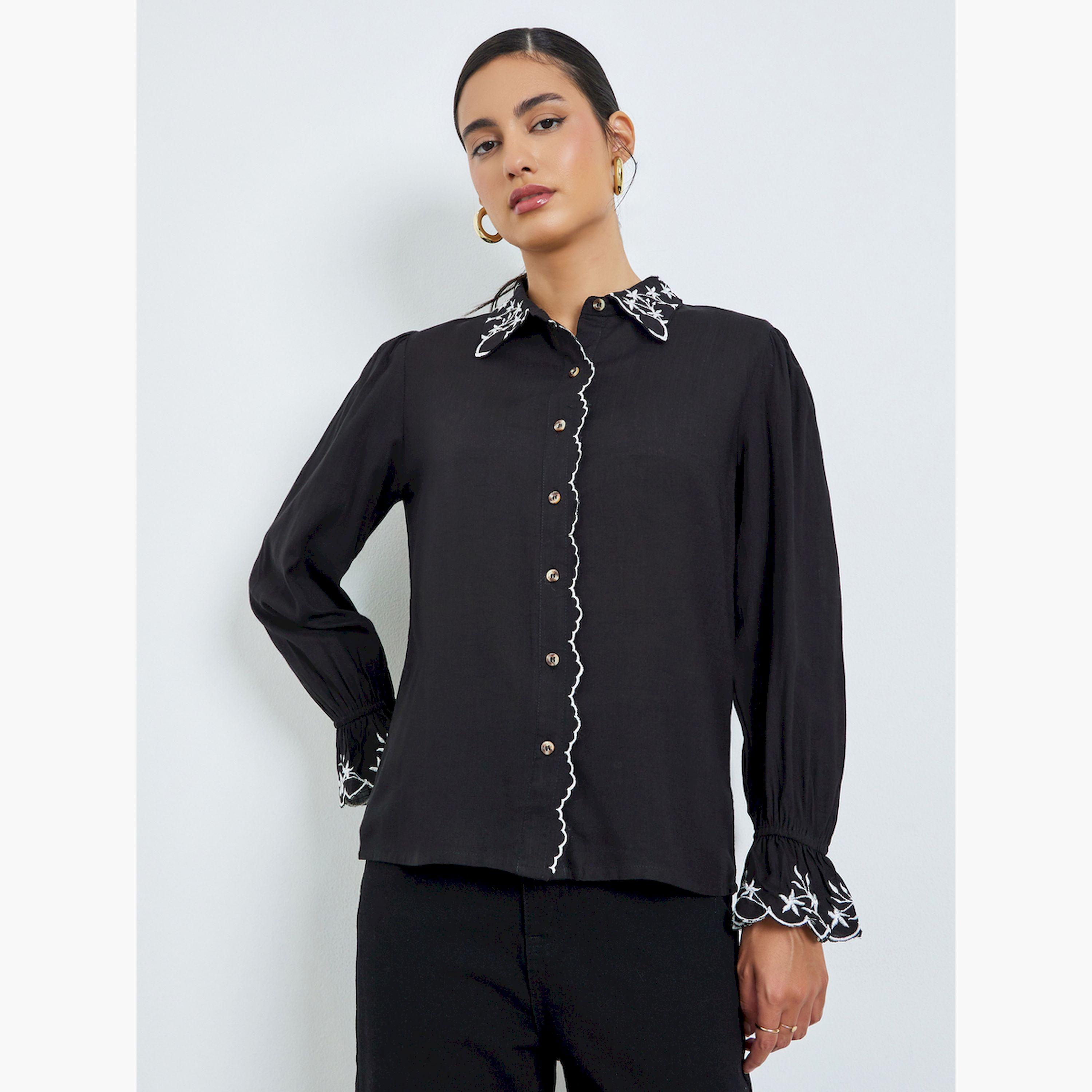 ستايلي - قميص أسود مطرز ياقة عريضة-women-clothing-shirtsandblouses-shirts-image-1