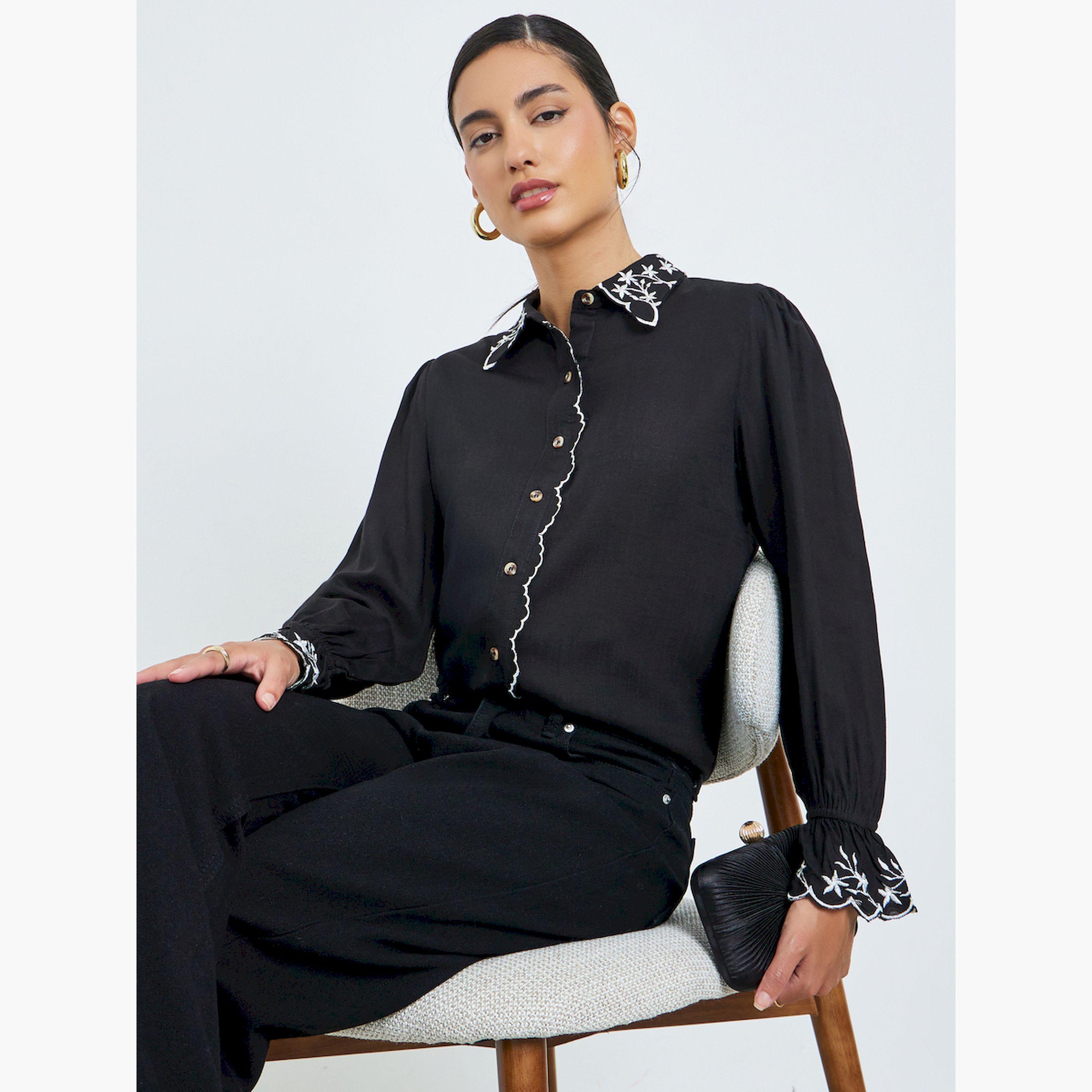 ستايلي - قميص أسود مطرز ياقة عريضة-women-clothing-shirtsandblouses-shirts-image-3