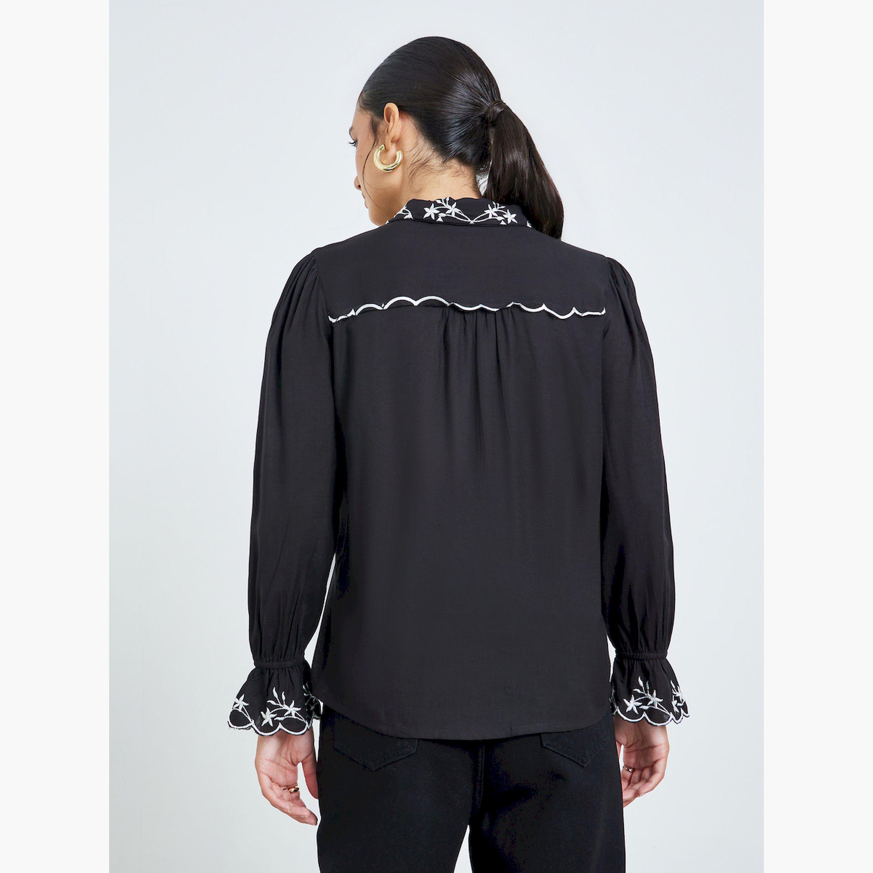 ستايلي - قميص أسود مطرز ياقة عريضة-women-clothing-shirtsandblouses-shirts-image-4