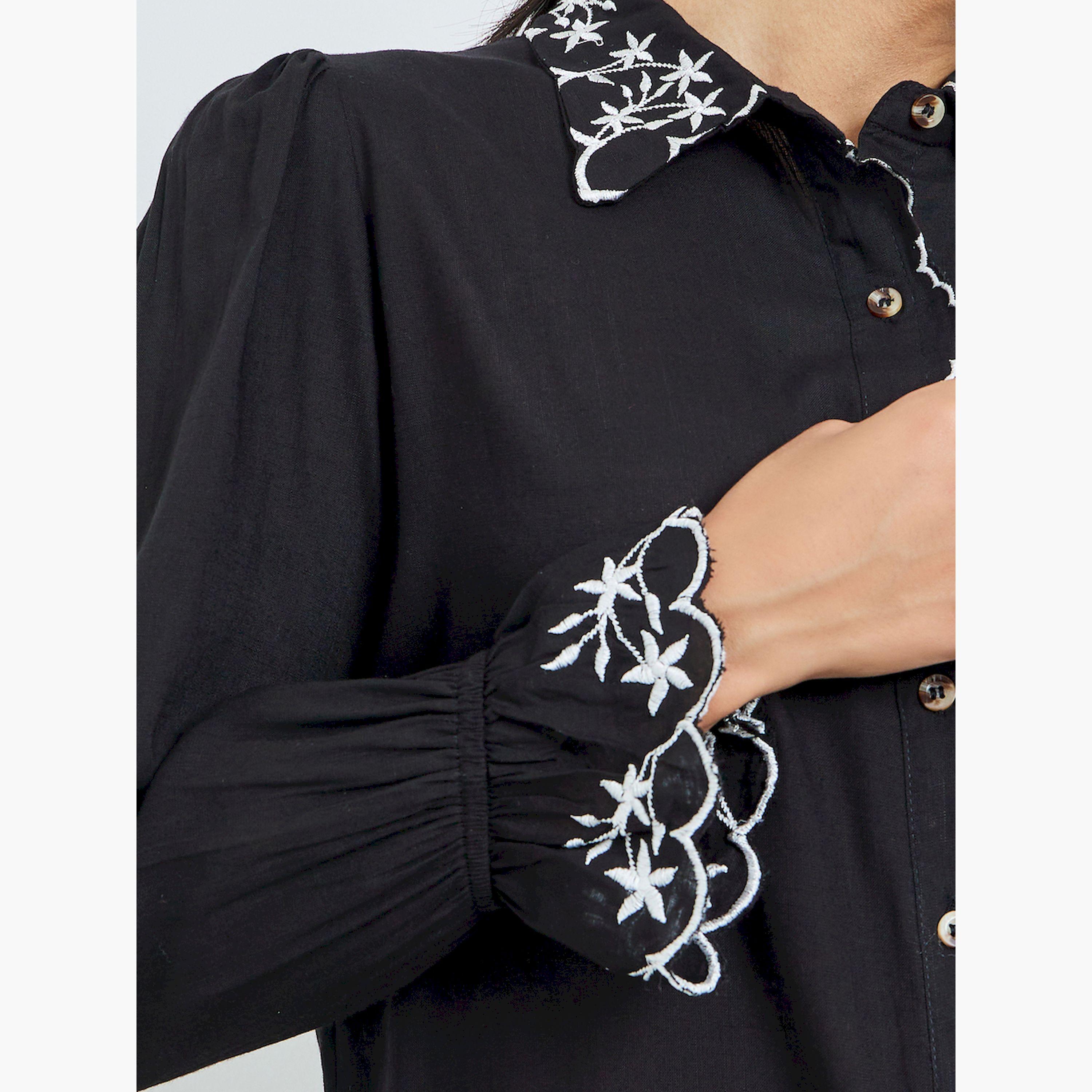 ستايلي - قميص أسود مطرز ياقة عريضة-women-clothing-shirtsandblouses-shirts-image-5