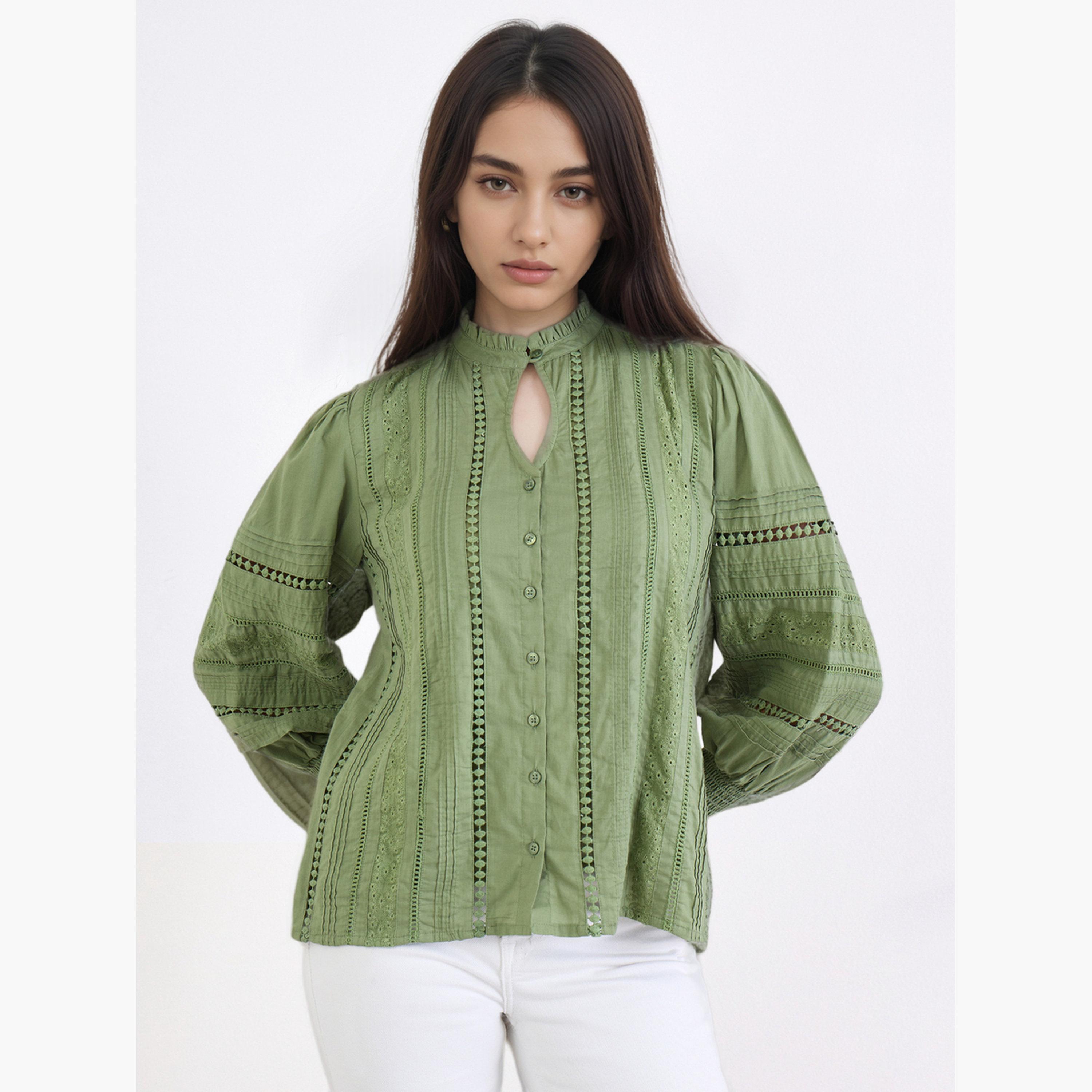 Styli Long Sleeve Cotton Blouse with Schiffli and Lace Detail-women-clothing-shirtsandblouses-blouses-image-1