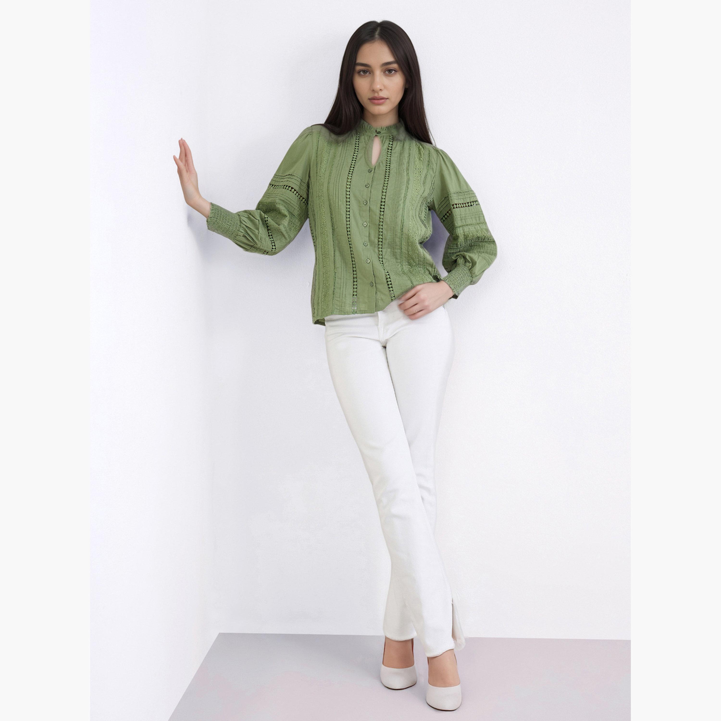 ستايلي - بلوزة قطنية بأكمام طويلة مع تفاصيل شيفلي ودانتيل-women-clothing-shirtsandblouses-blouses-image-2