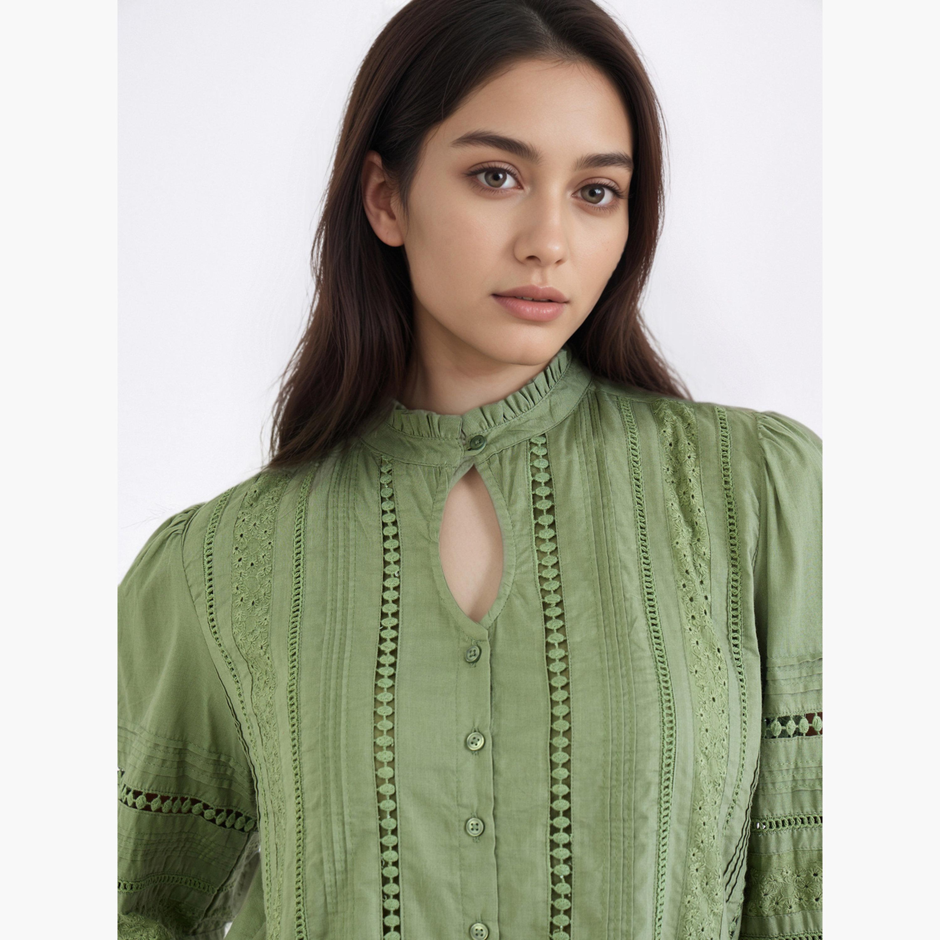 Styli Long Sleeve Cotton Blouse with Schiffli and Lace Detail-women-clothing-shirtsandblouses-blouses-image-3