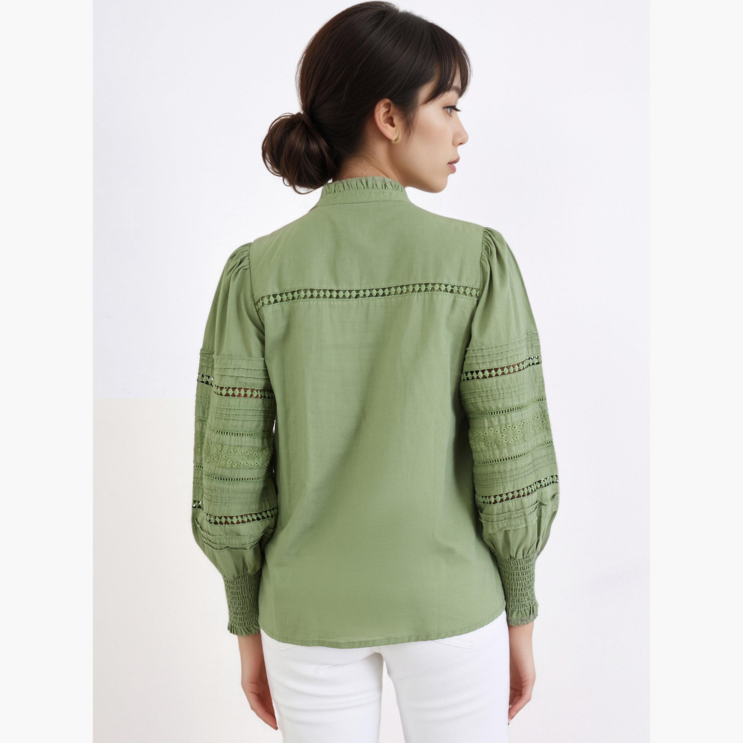 Styli Long Sleeve Cotton Blouse with Schiffli and Lace Detail-women-clothing-shirtsandblouses-blouses-image-4