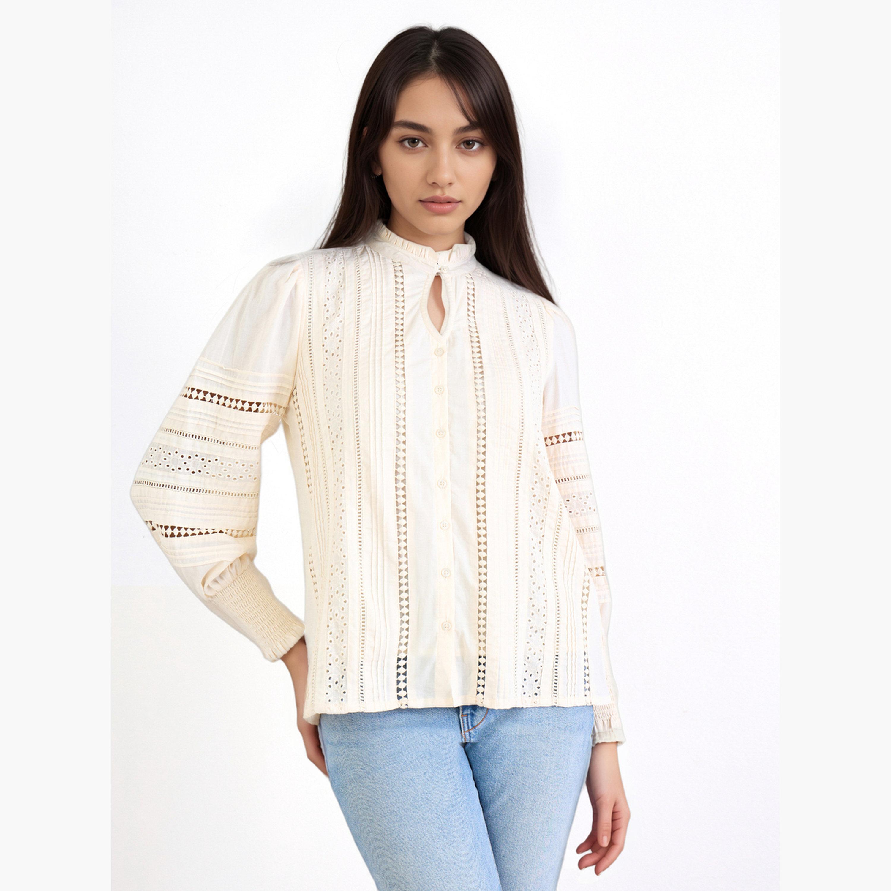 Styli Long Sleeve Cotton Blouse with Schiffli and lace Detail-women-clothing-shirtsandblouses-blouses-image-1