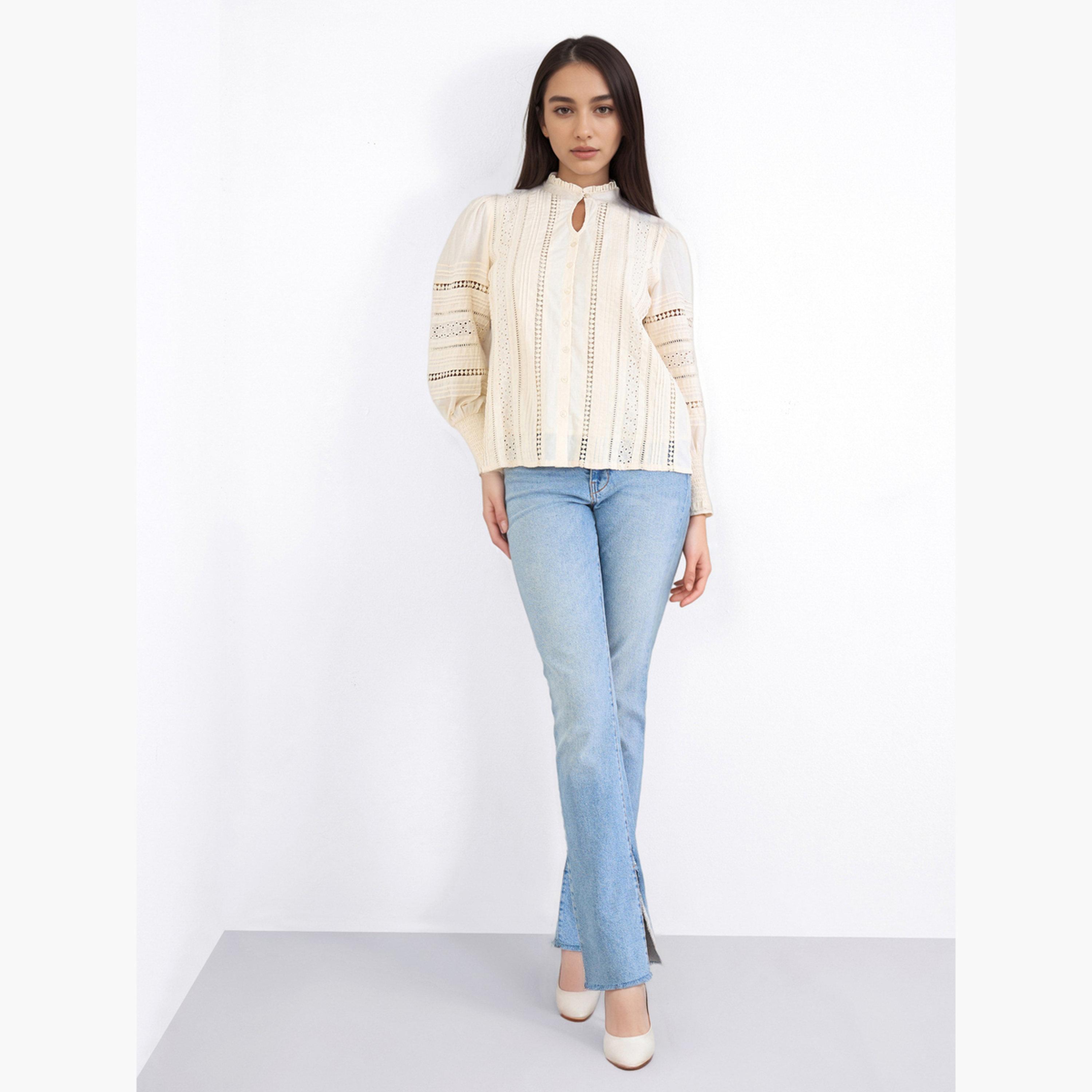 Styli Long Sleeve Cotton Blouse with Schiffli and lace Detail-women-clothing-shirtsandblouses-blouses-image-2