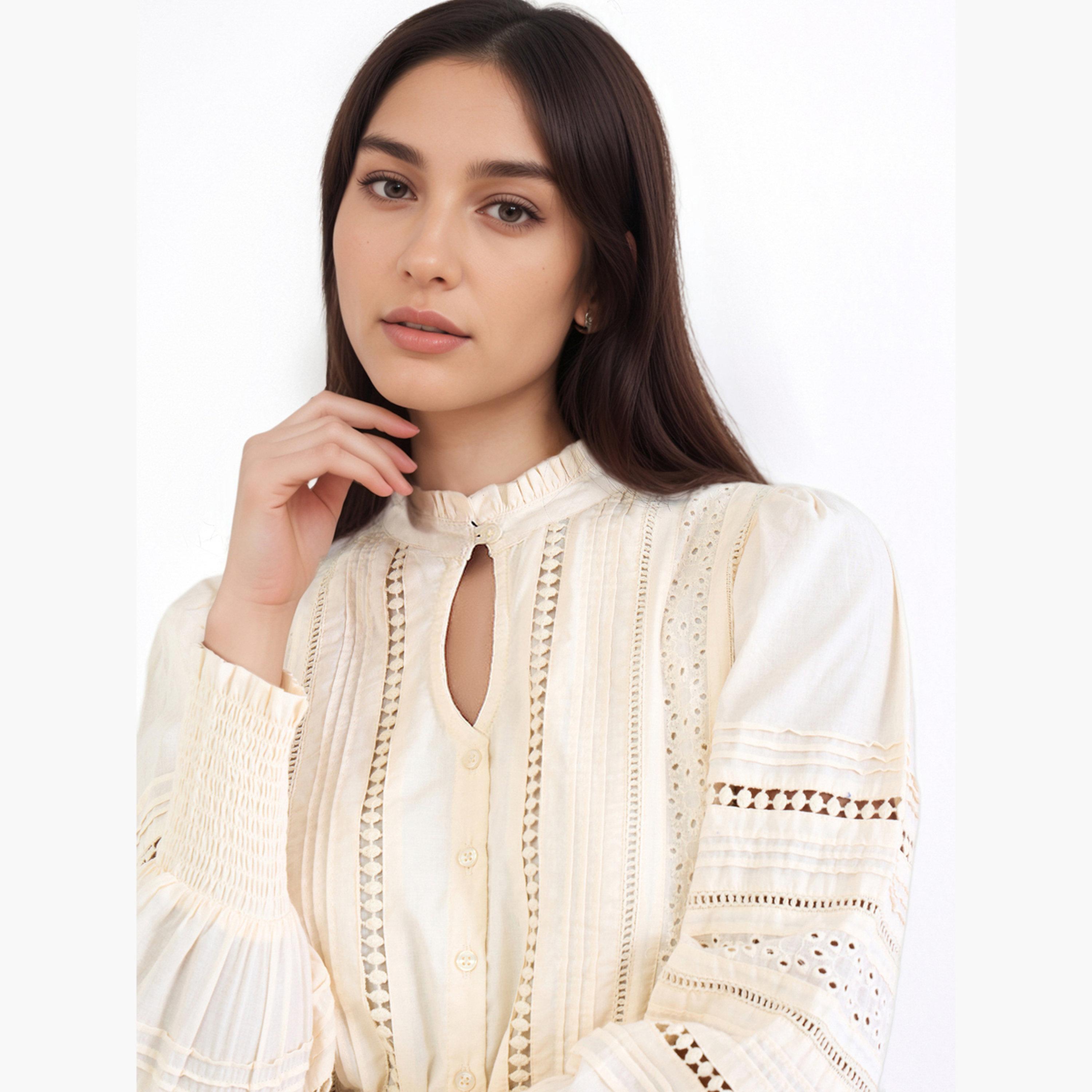Styli Long Sleeve Cotton Blouse with Schiffli and lace Detail-women-clothing-shirtsandblouses-blouses-image-3