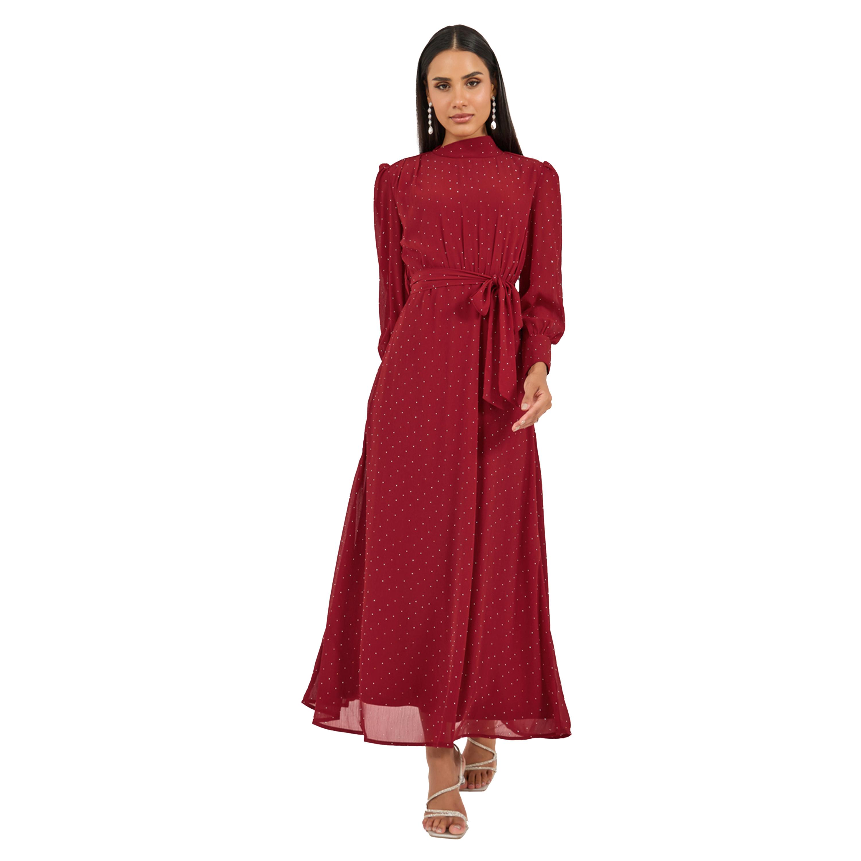 Styli Embellished Balloon Sleeves A-Line Maxi Dress with Tie Up-women-clothing-dresses-image-1