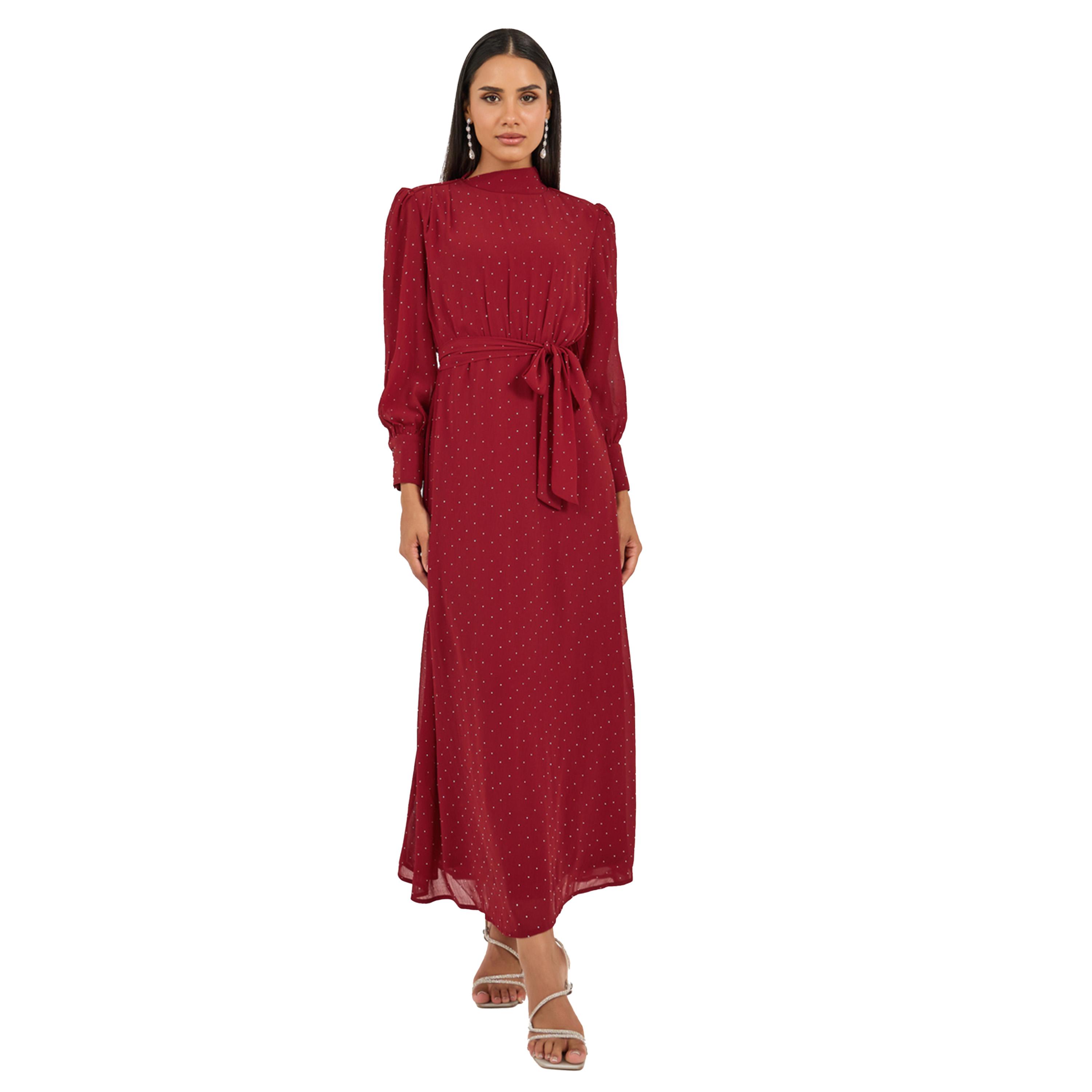 Styli Embellished Balloon Sleeves A-Line Maxi Dress with Tie Up-women-clothing-dresses-image-2