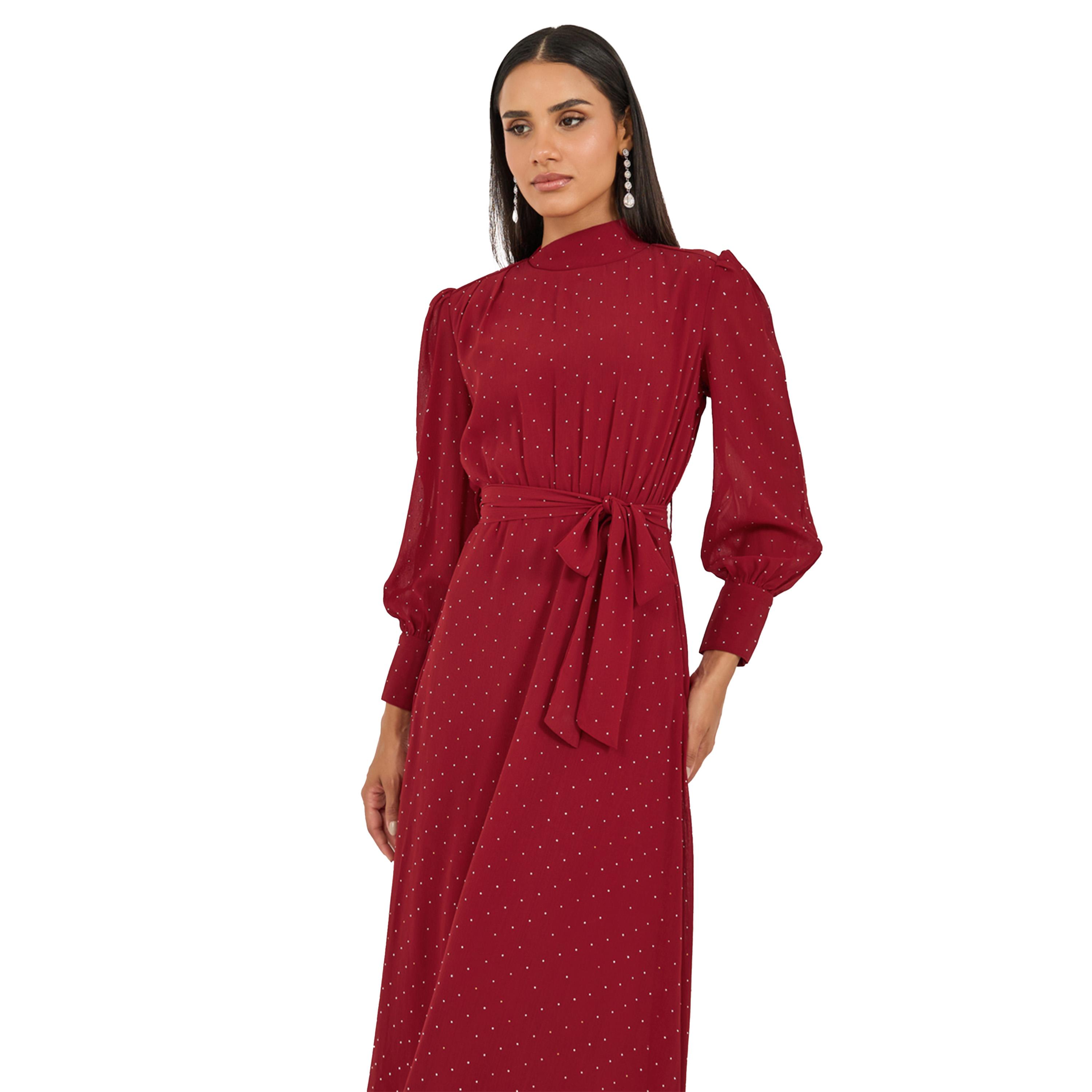 ستايلي - فستان ماكسي مزين بأكمام منفوخة وقصة A مع رباط-women-clothing-dresses-image-3