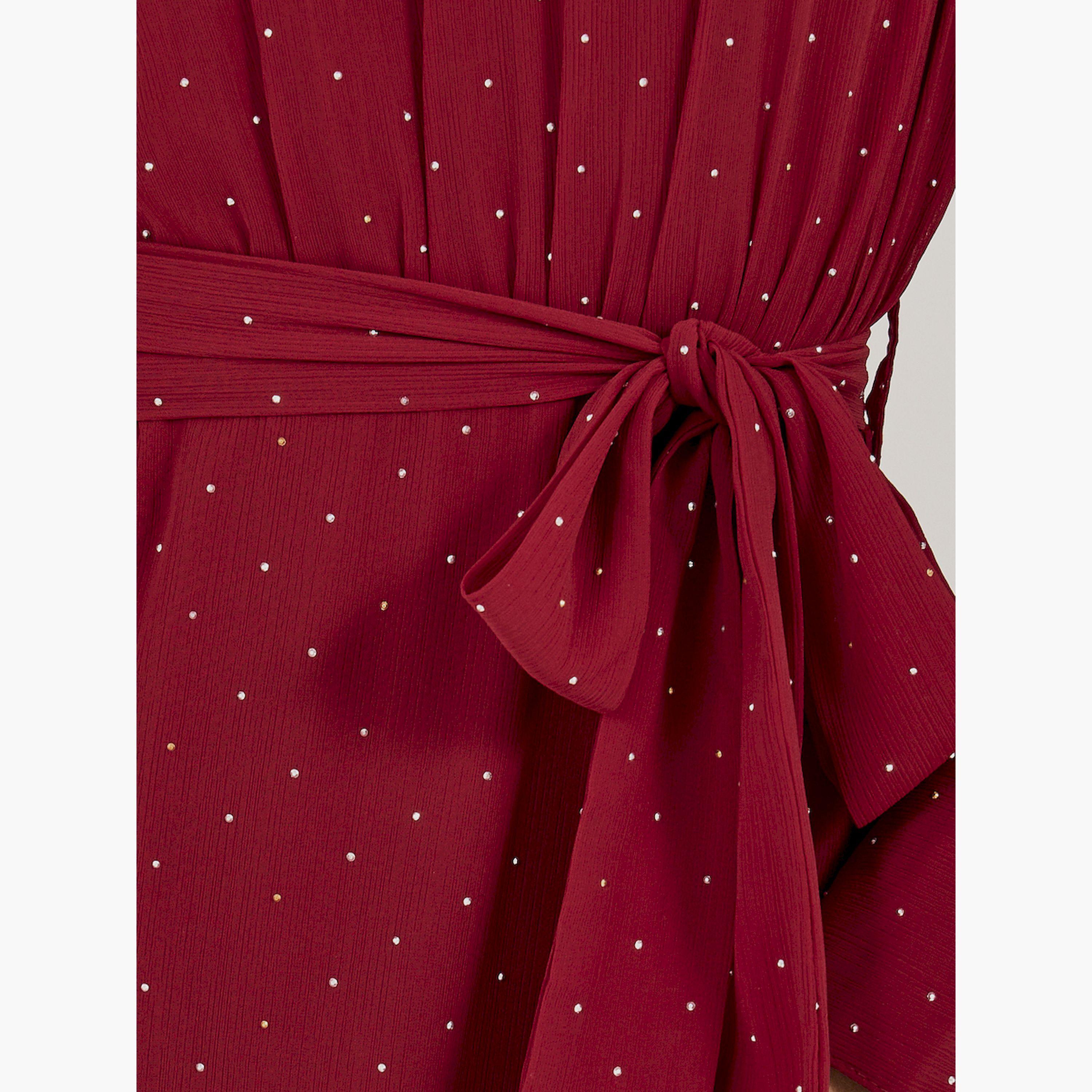 Styli Embellished Balloon Sleeves A-Line Maxi Dress with Tie Up-women-clothing-dresses-image-4