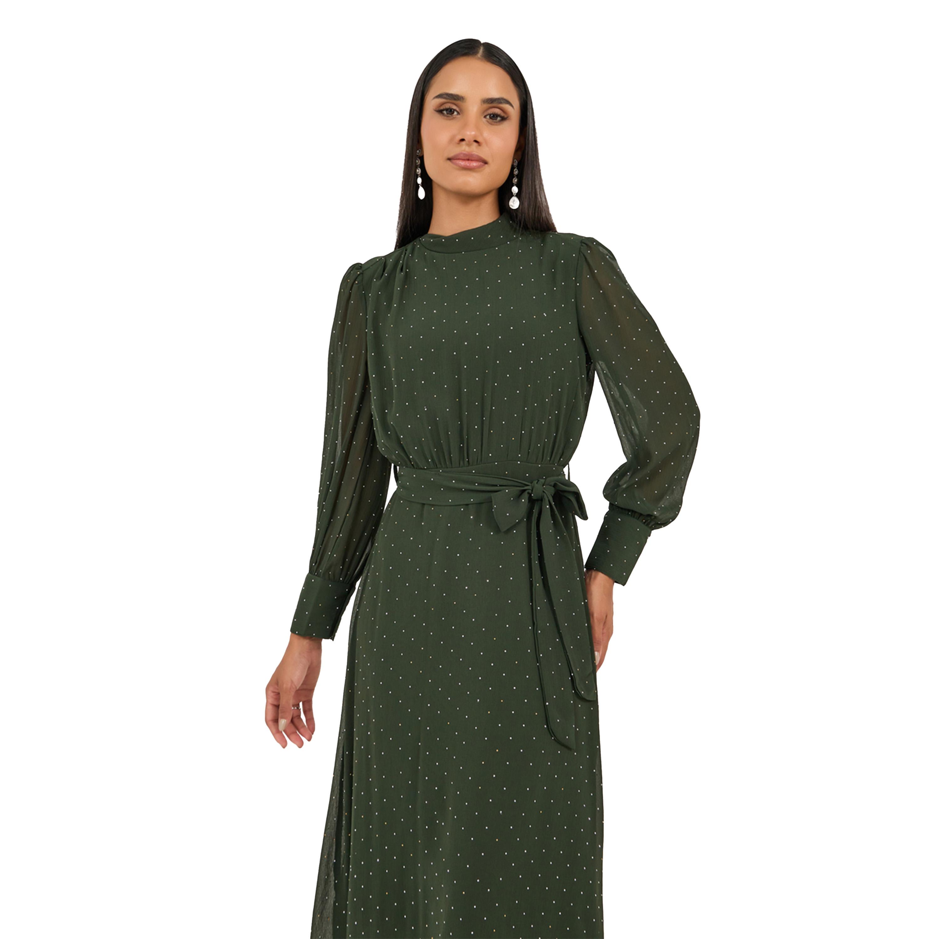 ستايلي - فستان ماكسي مزين بأكمام منفوخة وقصة A مع رباط-women-clothing-dresses-image-3