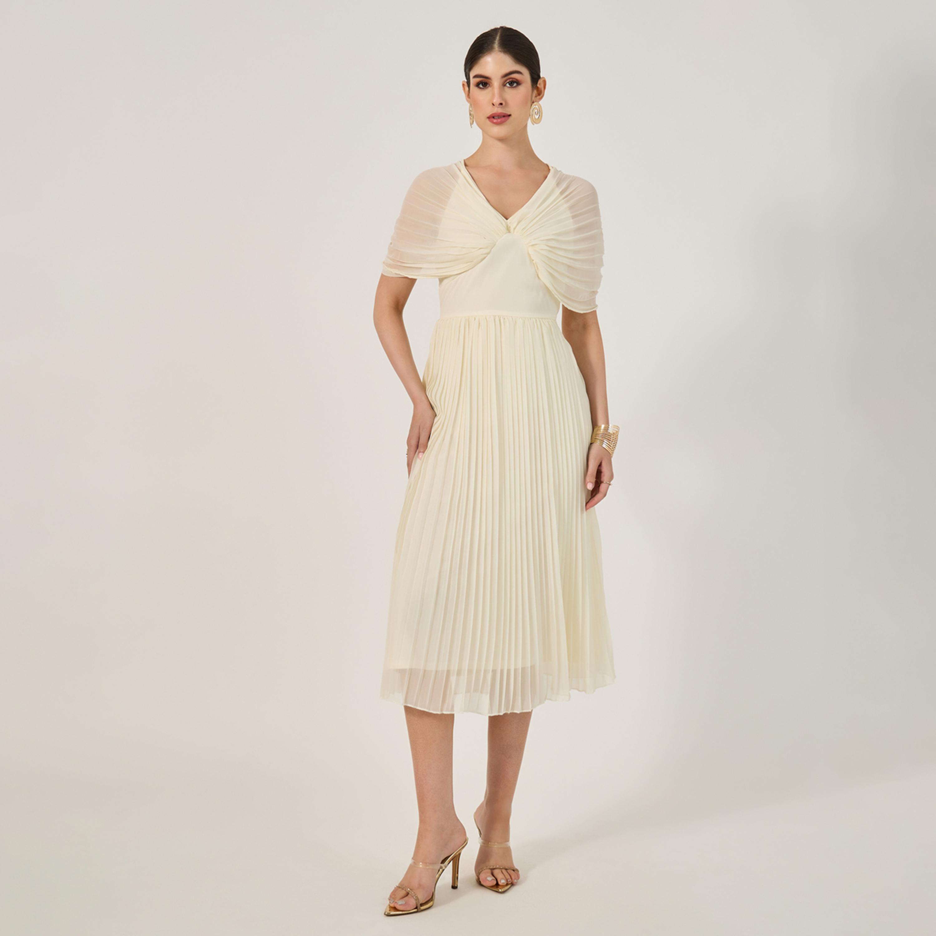 Styli Pleated V-Neck A-Line Midi Dress-women-clothing-dresses-image-2